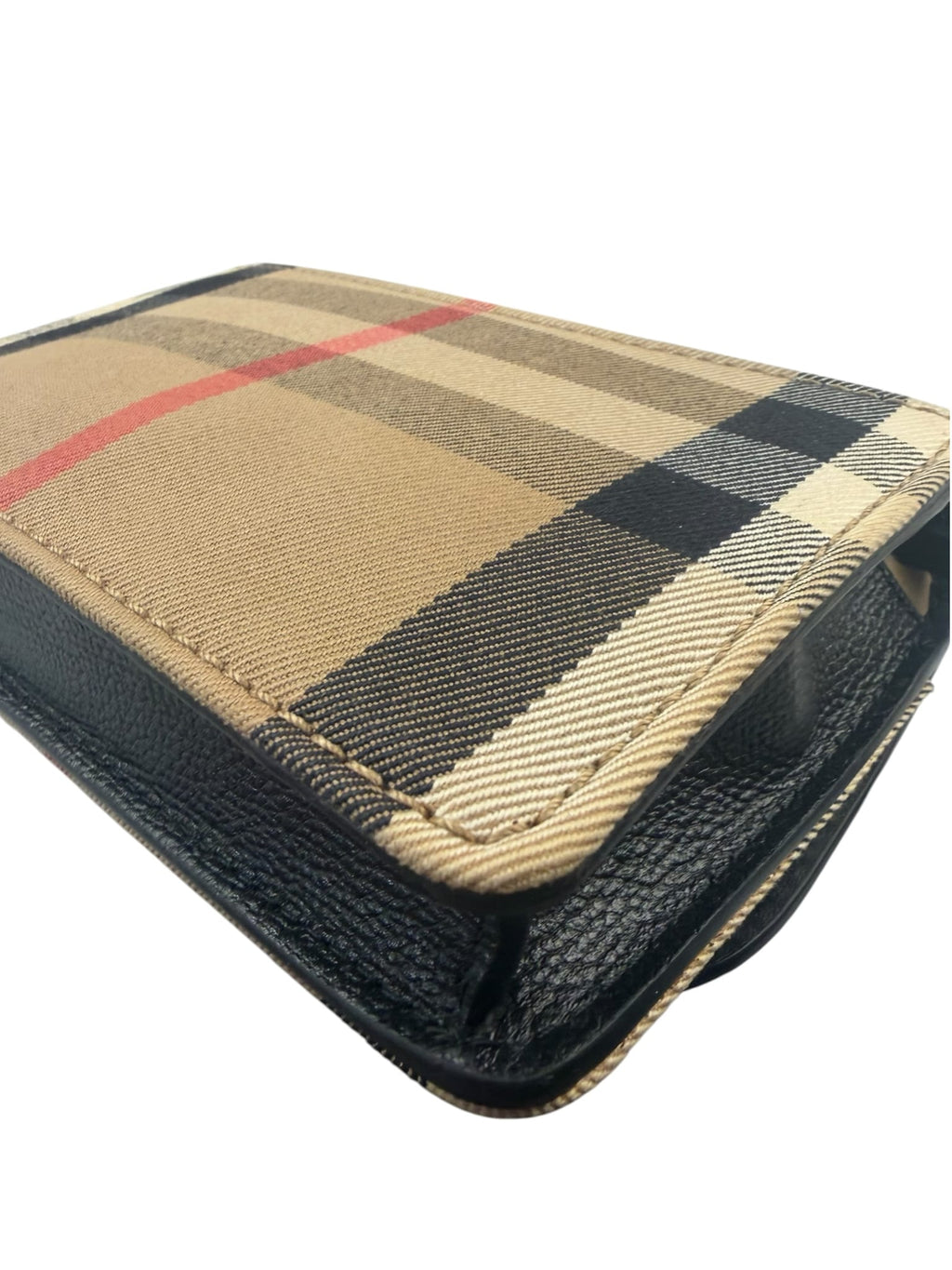 Burberry Black Leather House Check Flap Wallet On Chain