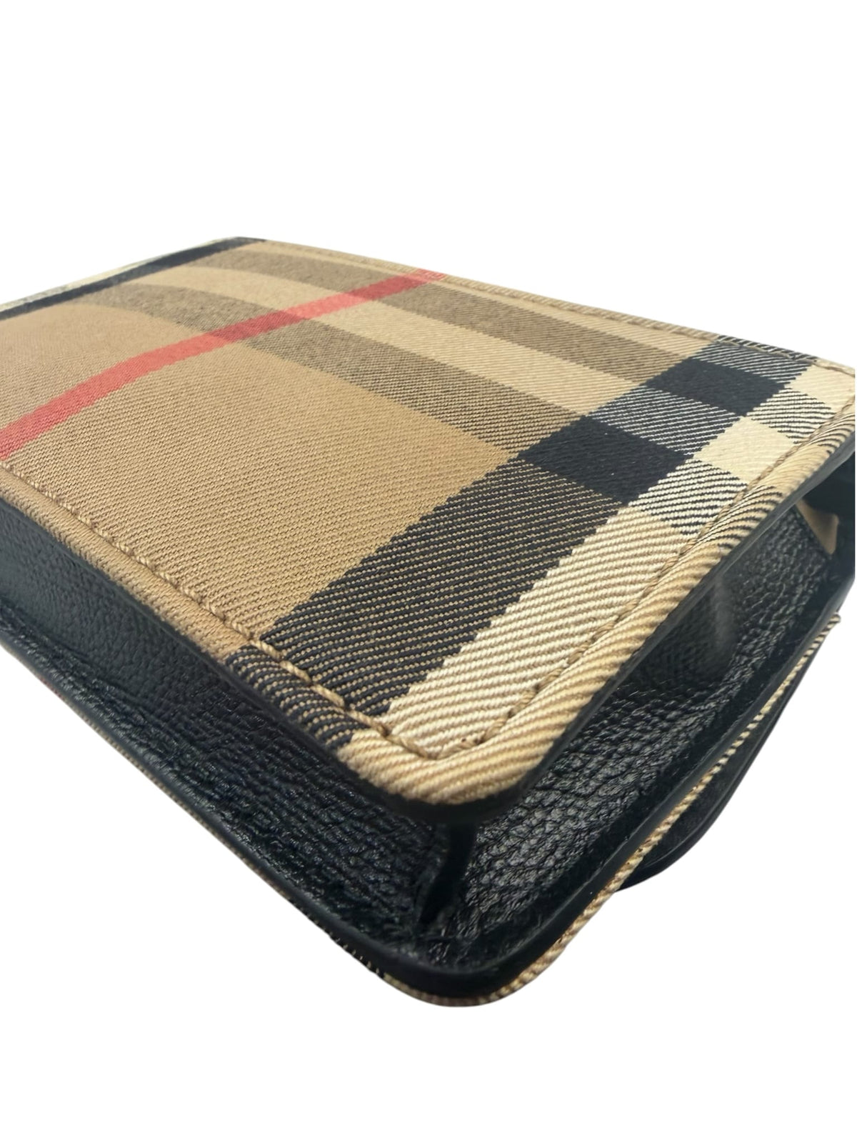 Burberry Black Leather House Check Flap Wallet On Chain