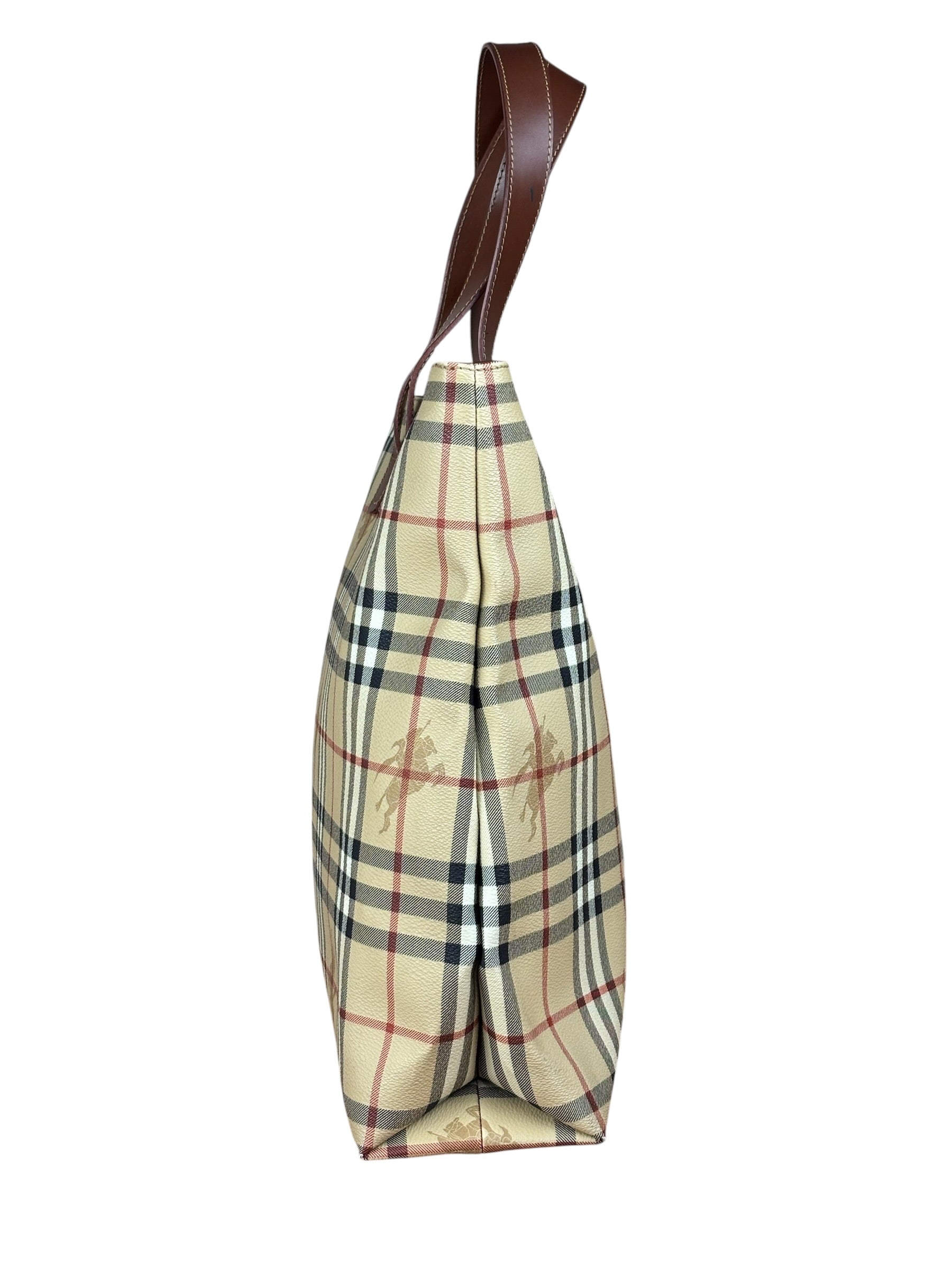 Burberry Vintage Brown Leather  Haymarket Canvas House Check Tote Bag
