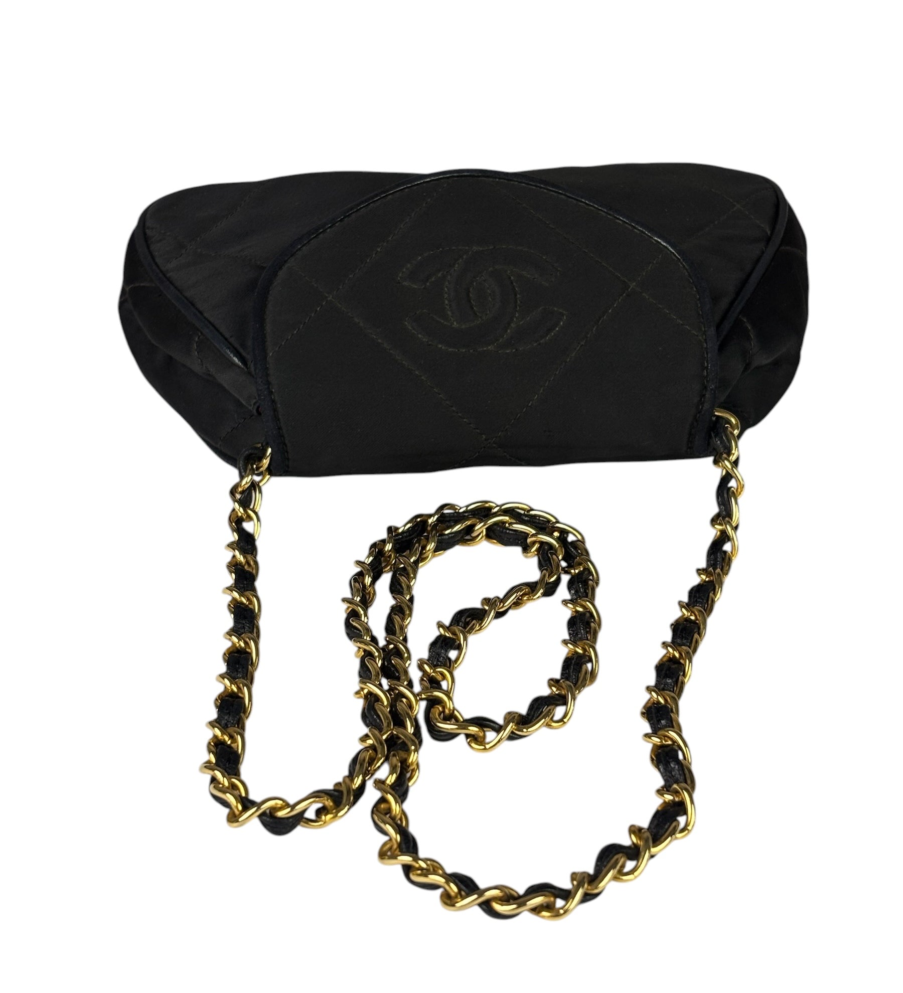 Chanel Black Quilted Satin/Leather Trim Chain Shoulder Bag 1989