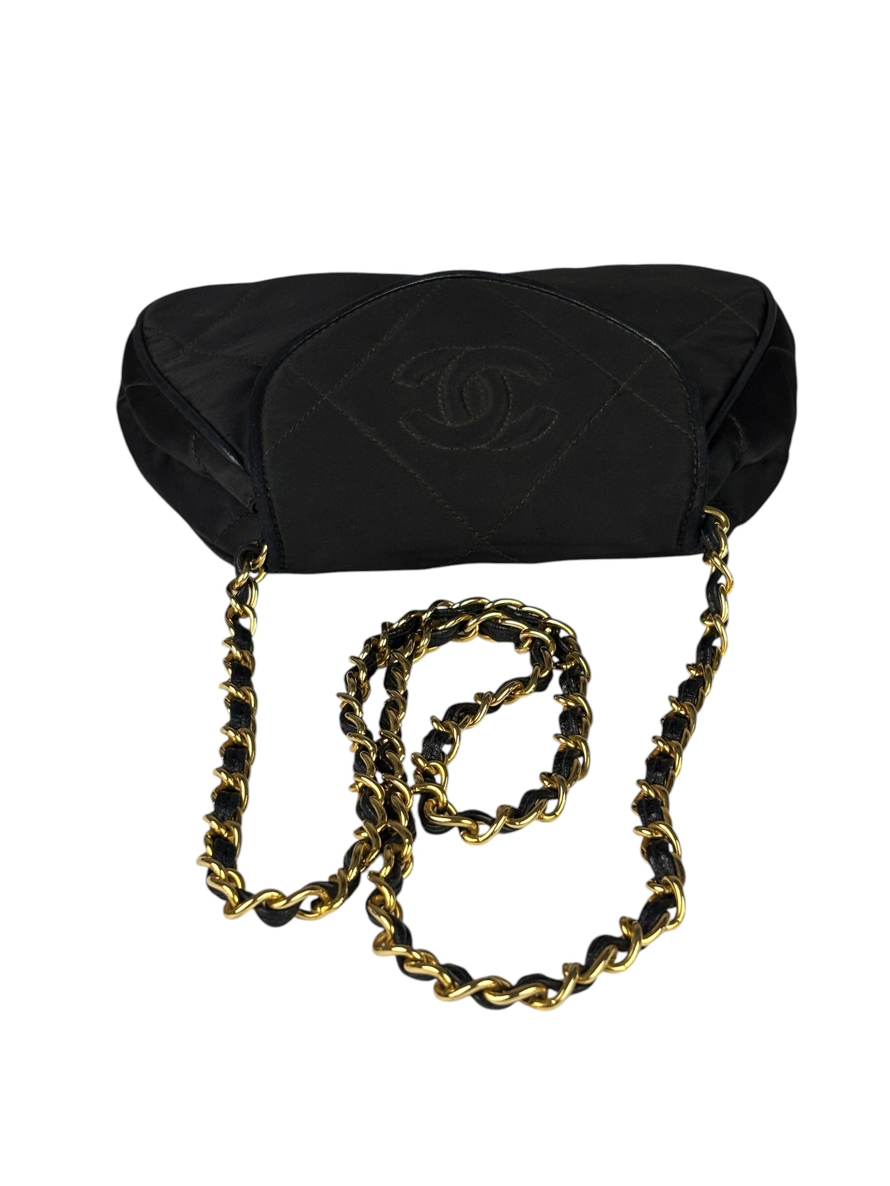 Chanel Black Quilted Satin/Leather Trim Chain Shoulder Bag 1989