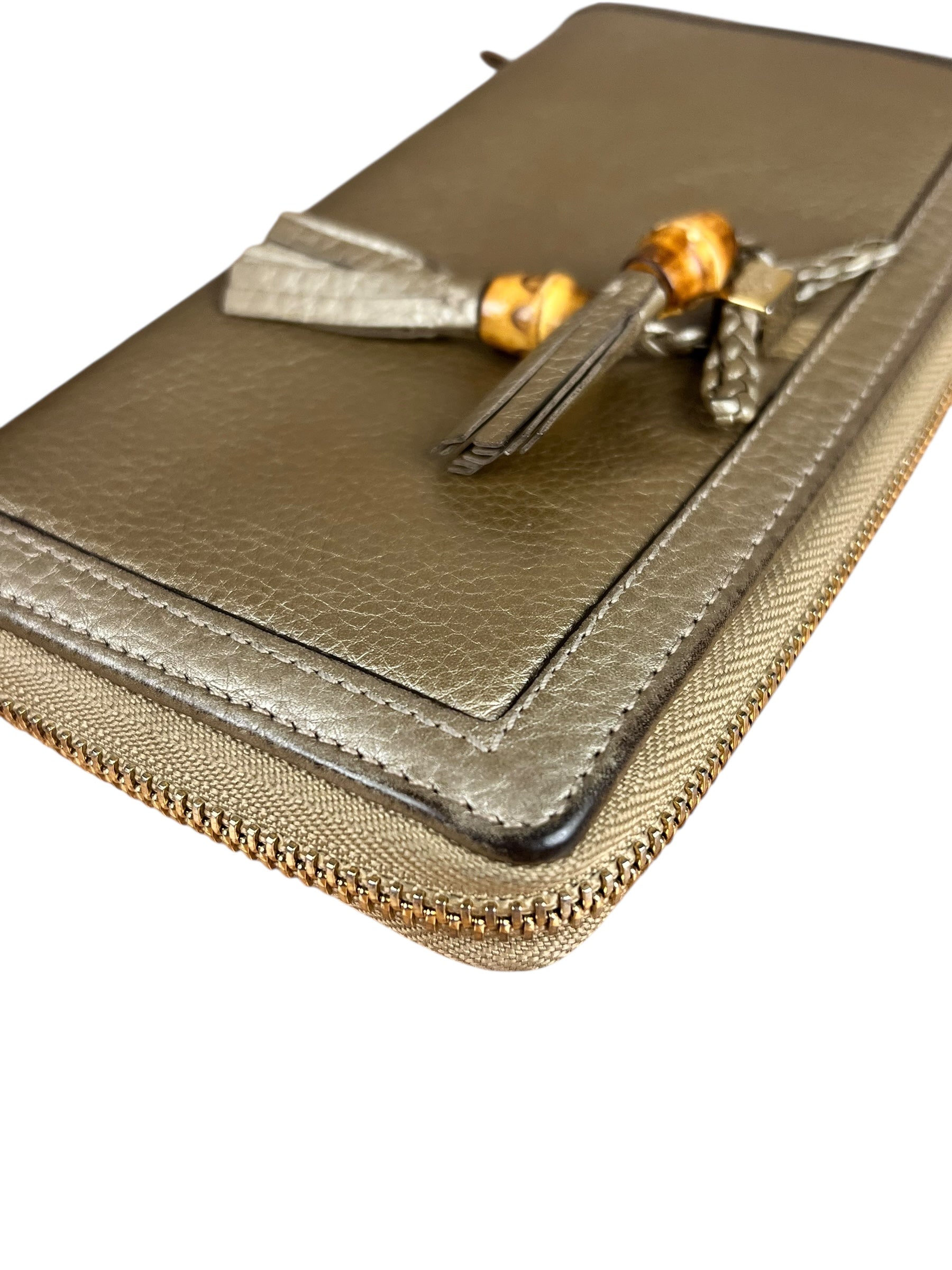 Gucci Bronze Metallic Leather Bamboo Long Zippy Wallet