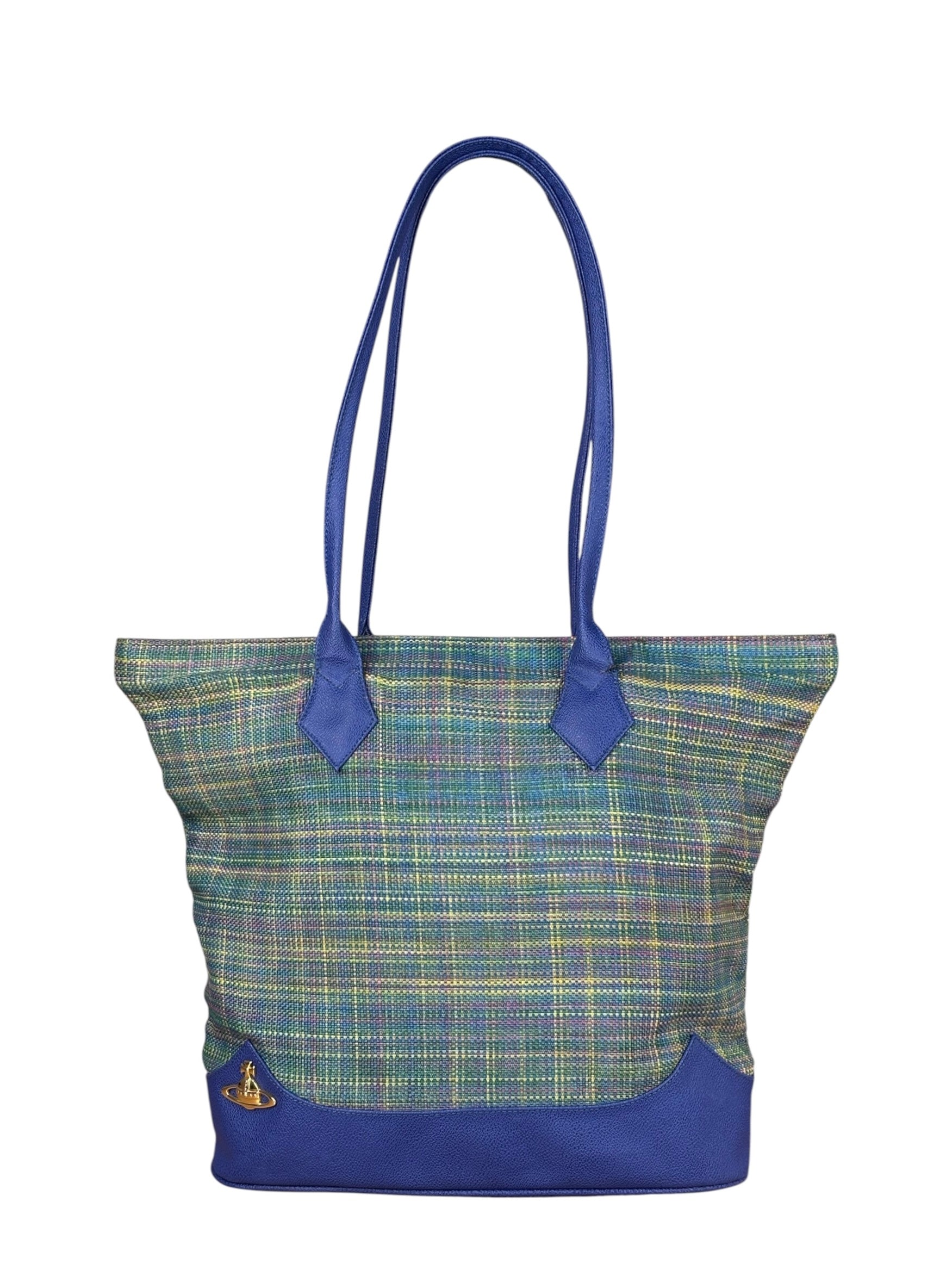 Vivienne Westwood Blue/Green Woven Plaid Saturn Shoulder Bag