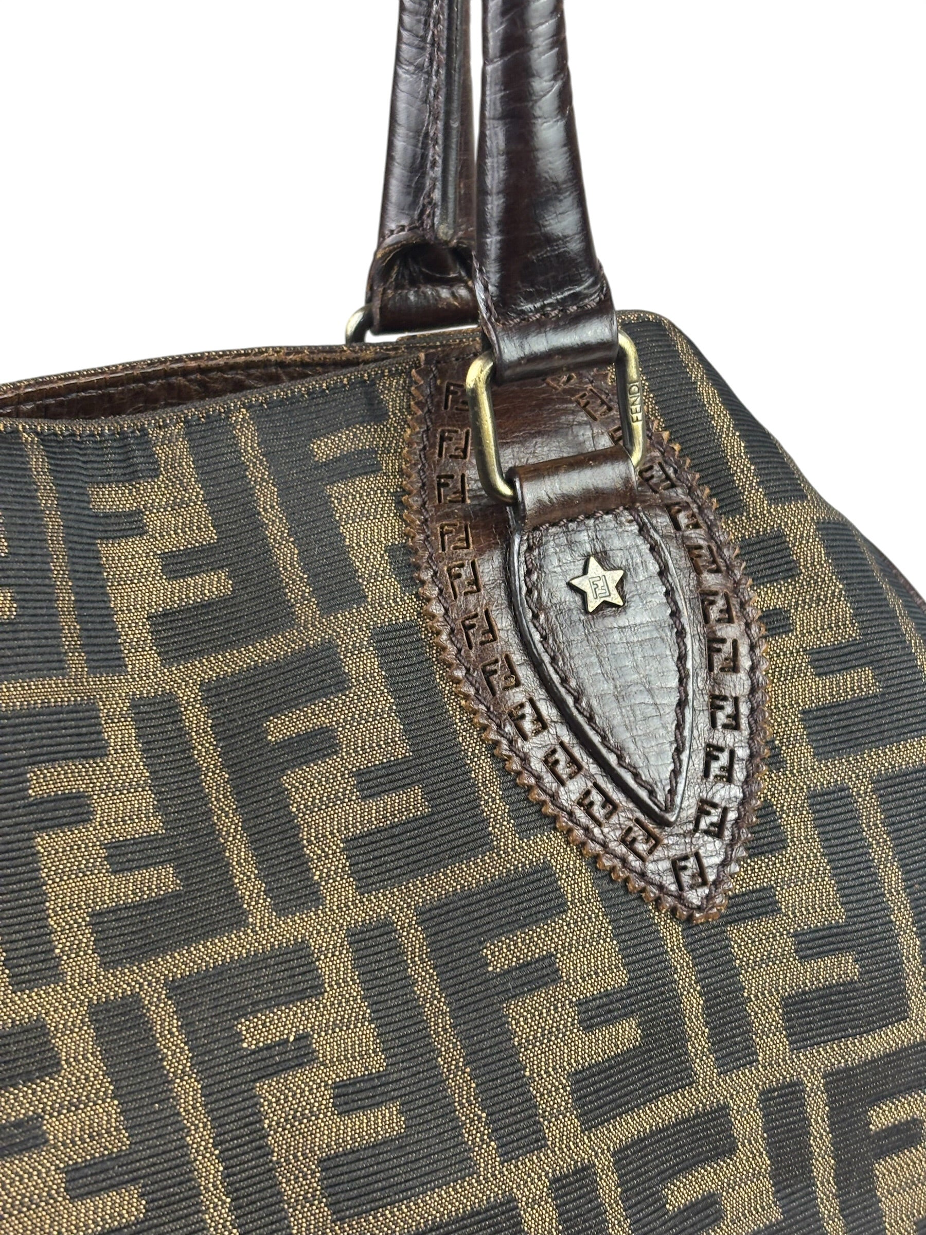 Fendi Vintage Brown Leather Trim Zucca De Jour Media Tote