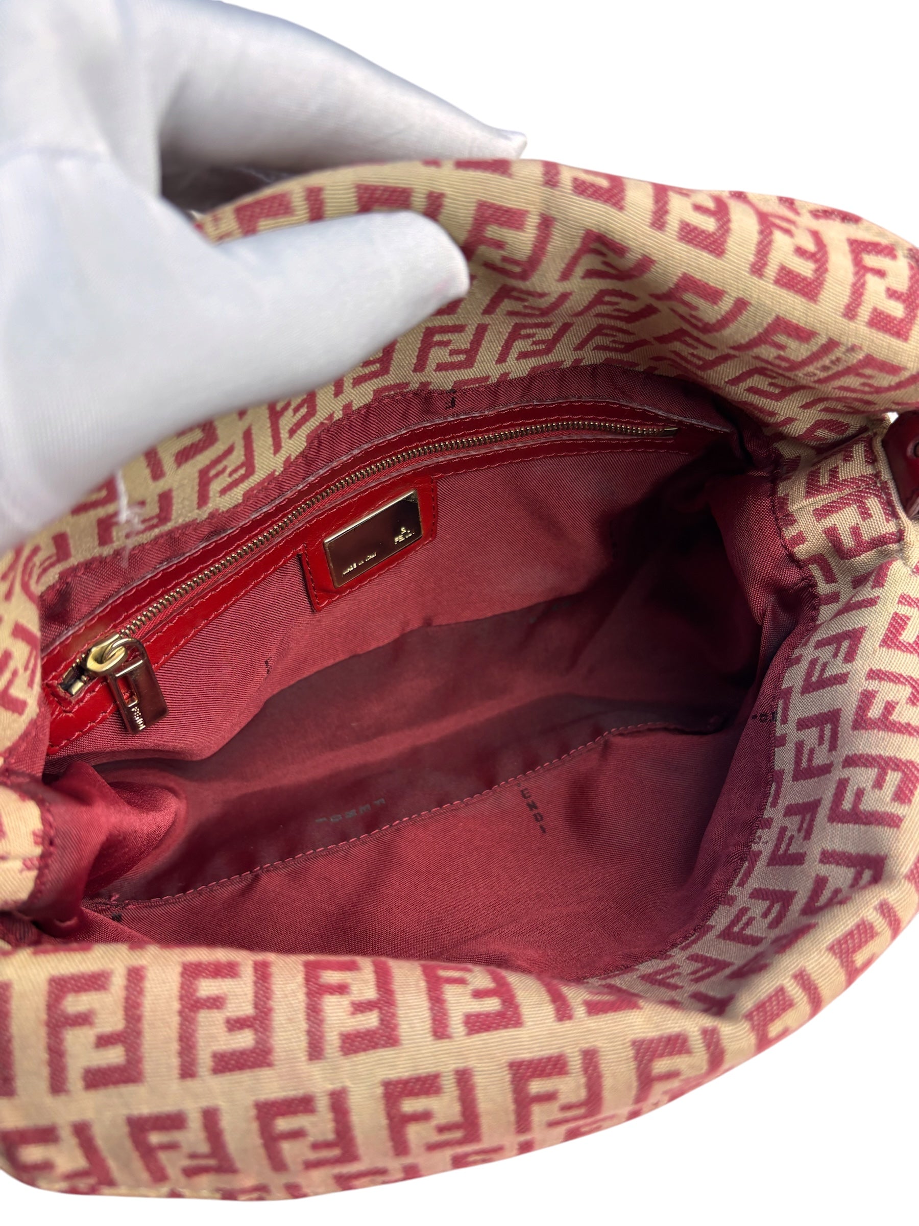Fendi Red Leather Trim Zucca Baguette