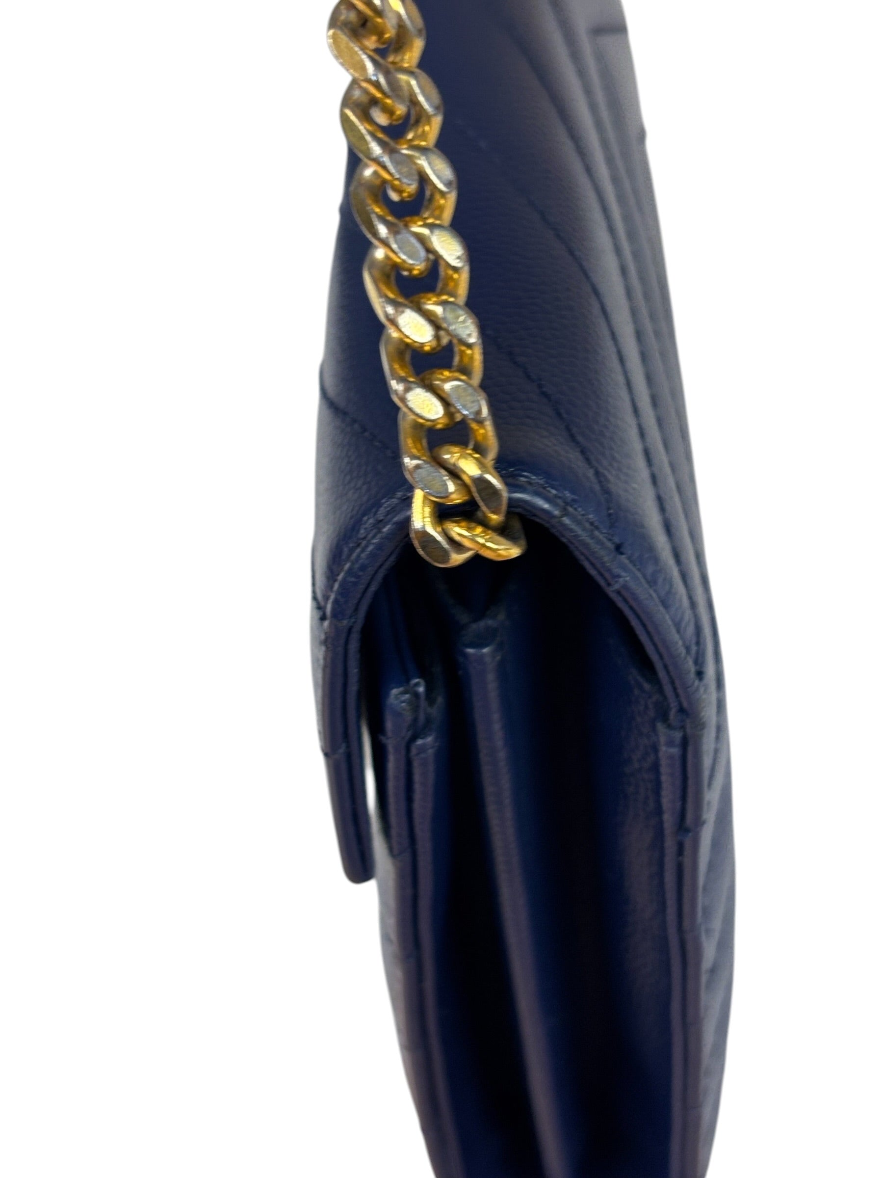 YSL Navy Blue Chevron Leather Cassandre Envelope Wallet On Chain