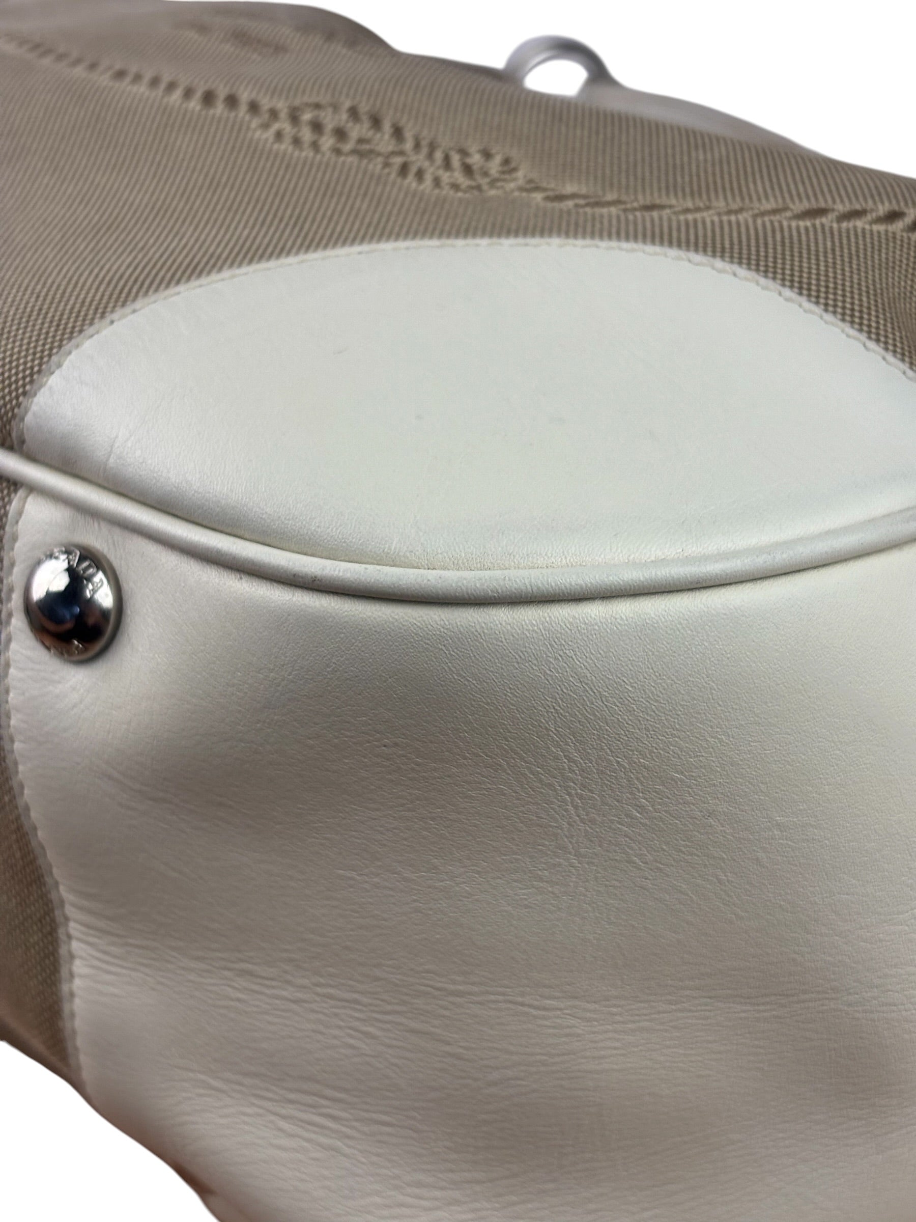 Prada Beige/Cream Leather Trim Logo Jacquard Hobo Bag