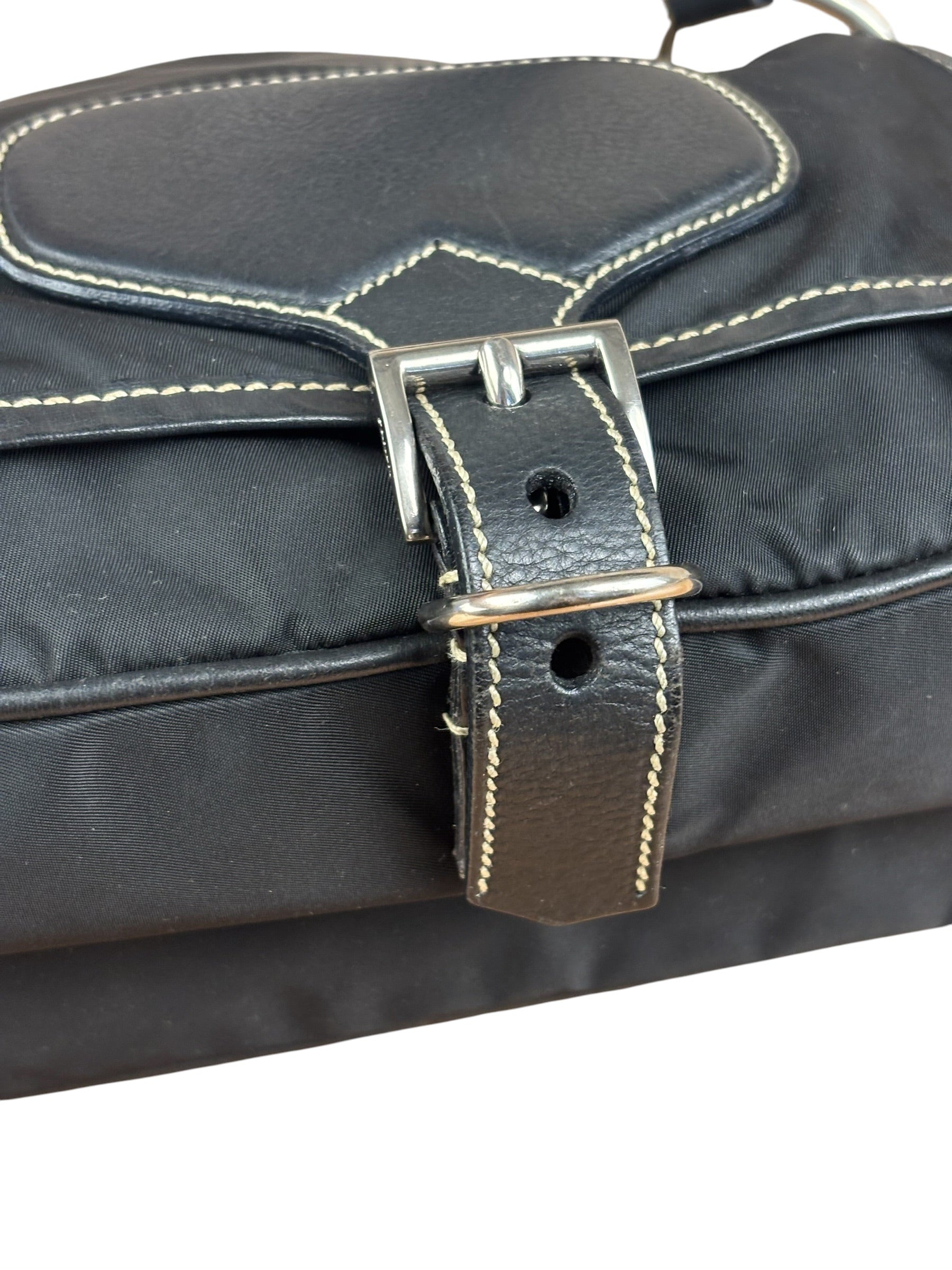 Damaged Prada Vintage Black Tessuto Nylon Leather Trim Saddle Flap Shoulder Bag