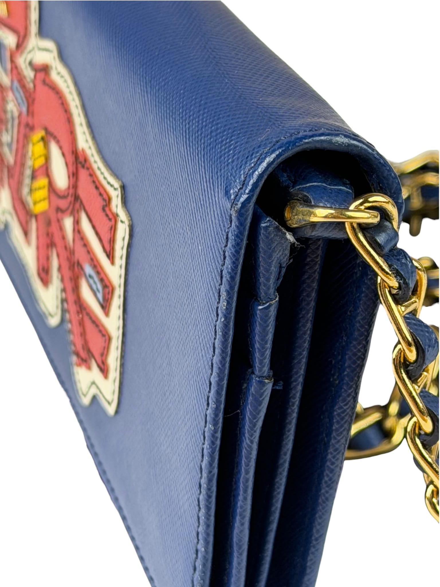 Prada Blue Saffiano Leather Fire Flap Wallet On Chain