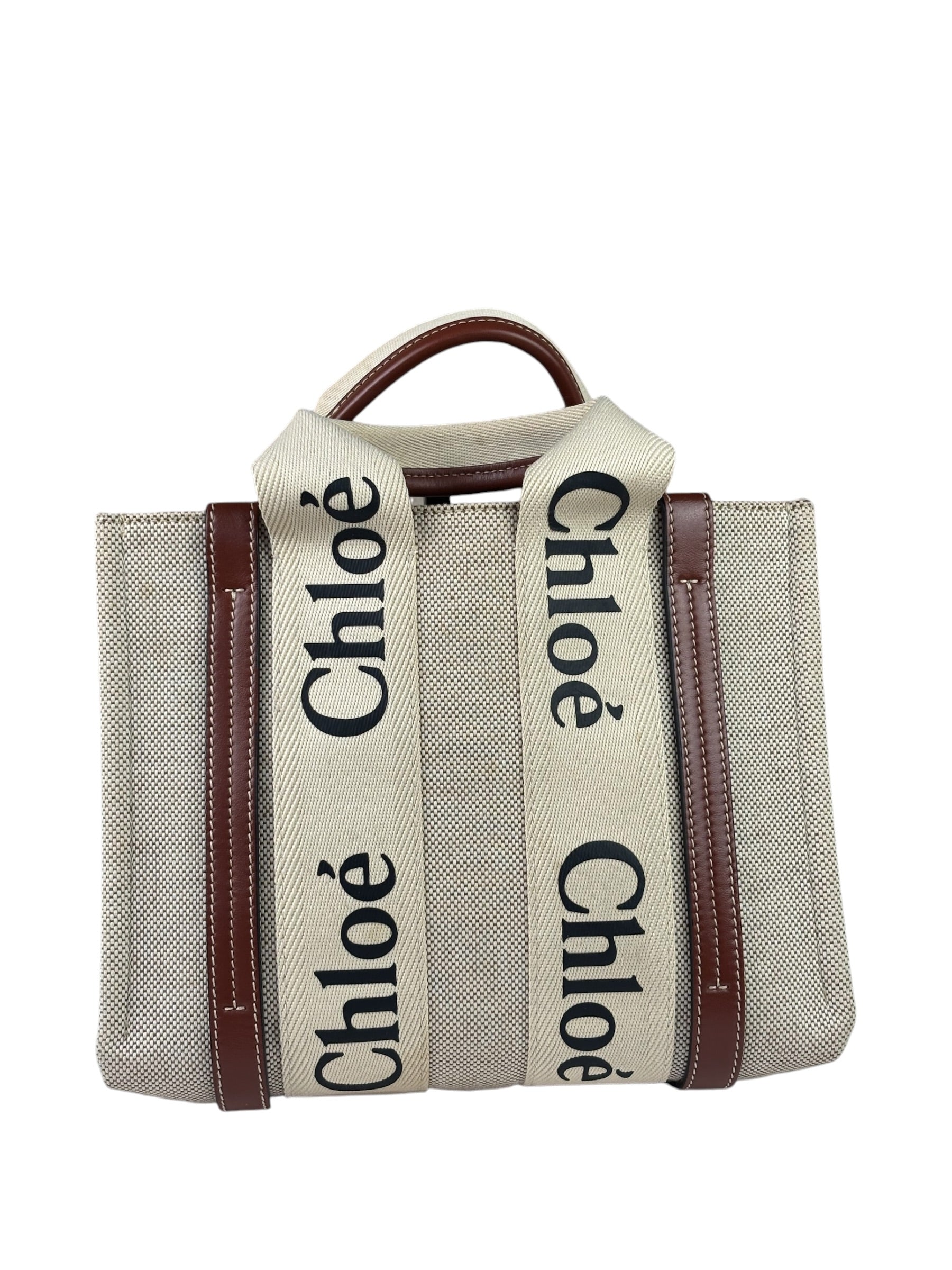 Chloe Beige/Brown Leather Trim Small Woody Two-Way Tote