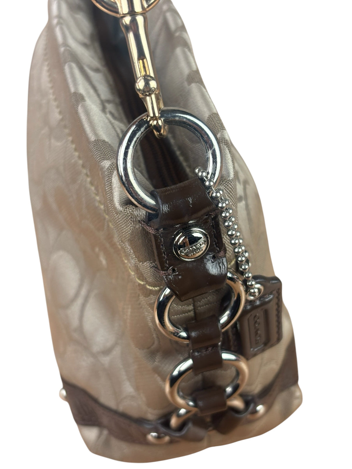 Coach Beige/Brown Leather Trim Signature Mini Carly Hobo Bag