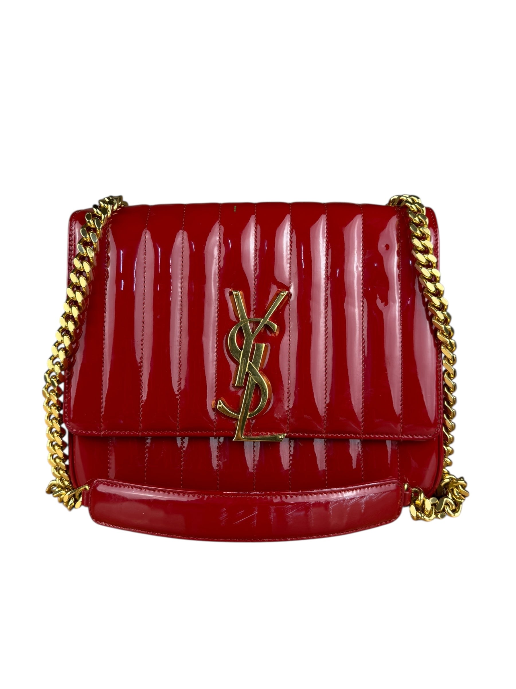Saint Laurent Red Patent Vicky Chain Flap Bag