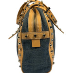 Fendi Blue/Brown Denim/Leather Trim Studded Shoulder Bag