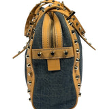 Fendi Blue/Brown Denim/Leather Trim Studded Shoulder Bag