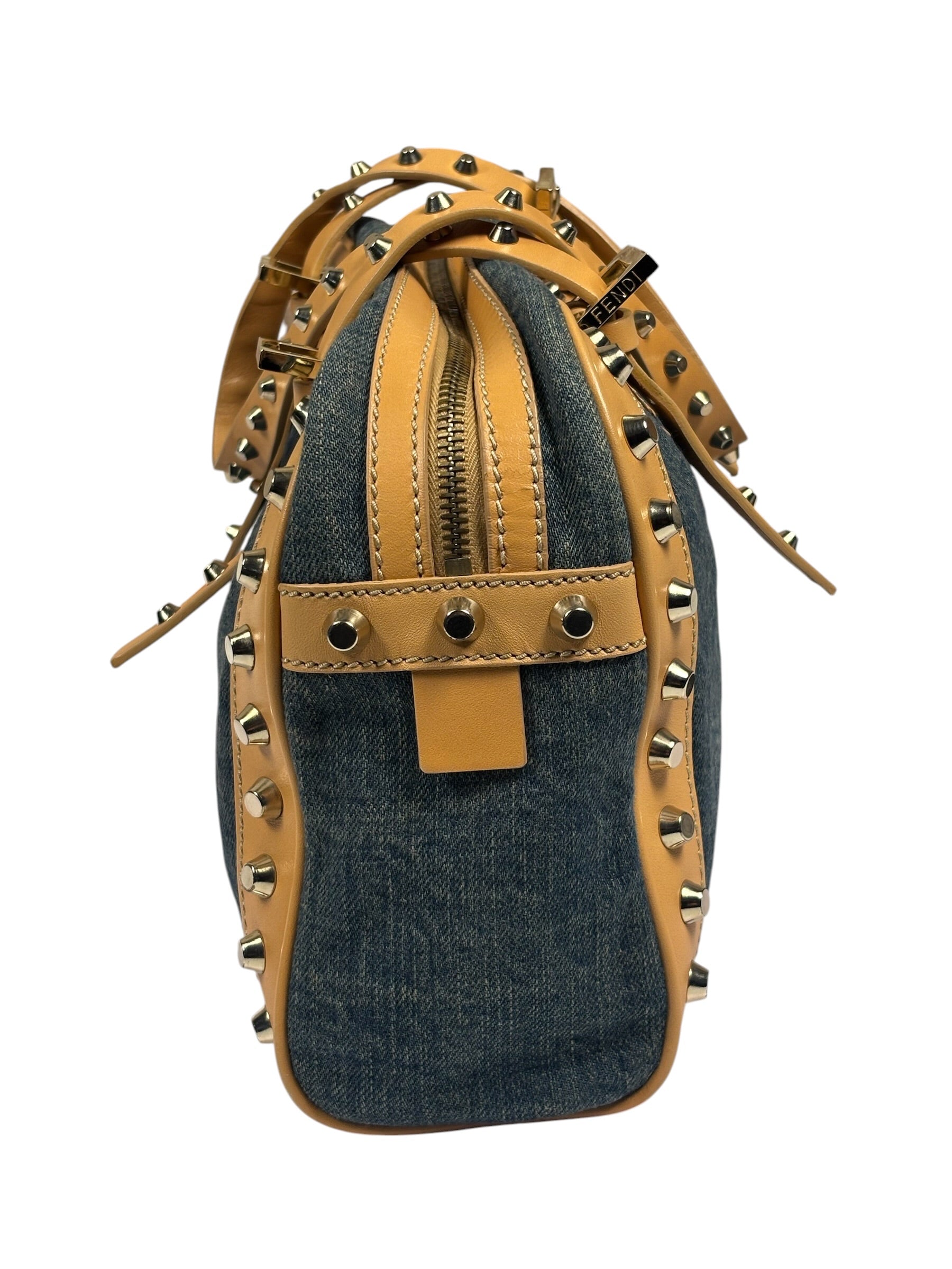 Fendi Blue/Brown Denim/Leather Trim Studded Shoulder Bag