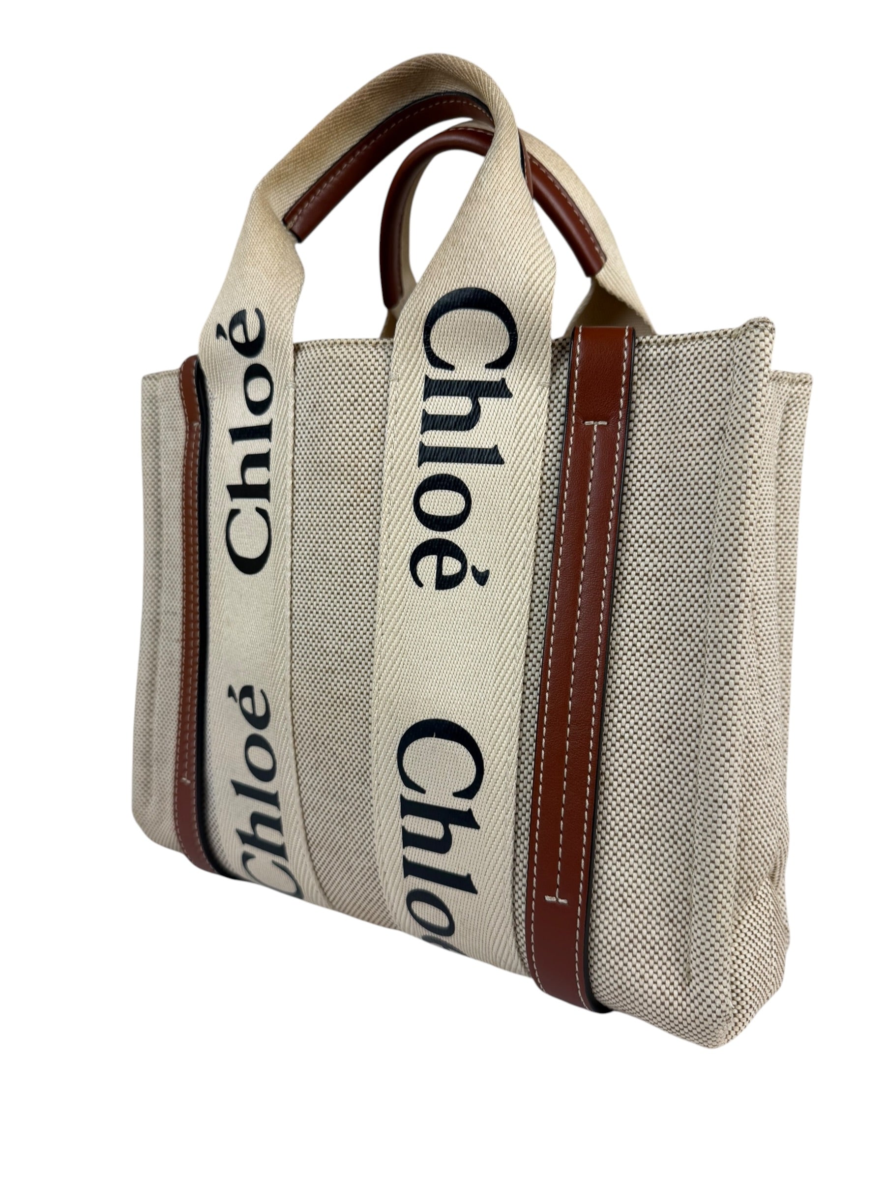 Chloe Brown Leather Trim/Linen Canvas Woody Small Tote