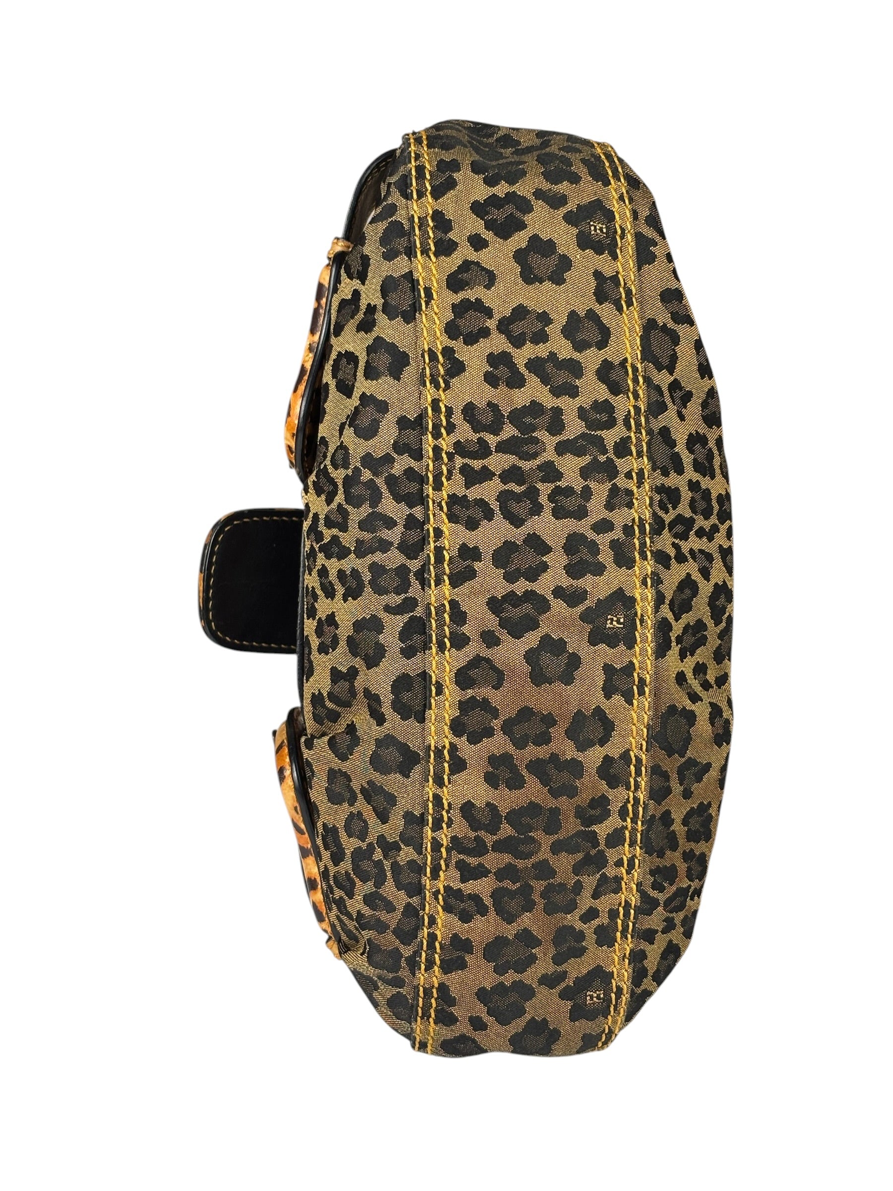 Fendi Brown Leather Trim Leopard Print Buckle Bag