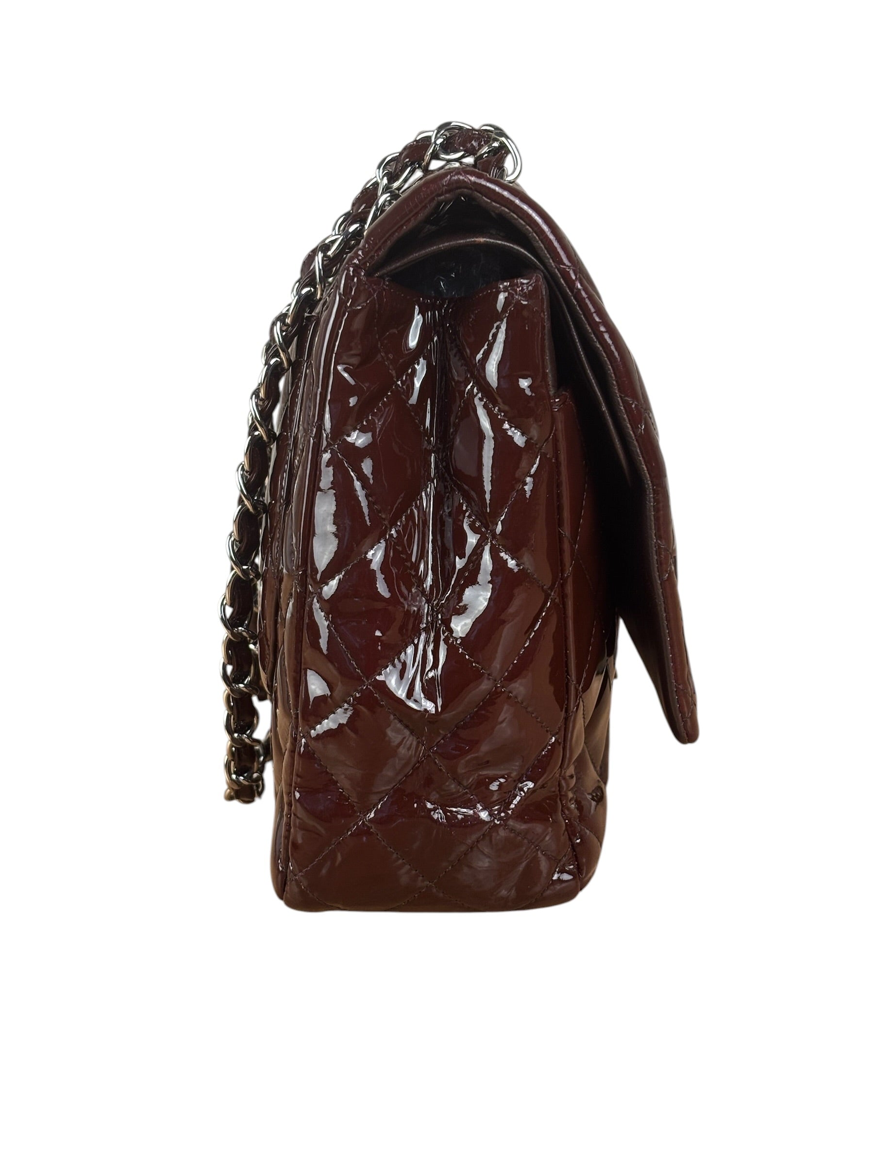 Chanel Burgundy Patent Leather Double Flap Maxi Jumbo Shoulder Bag