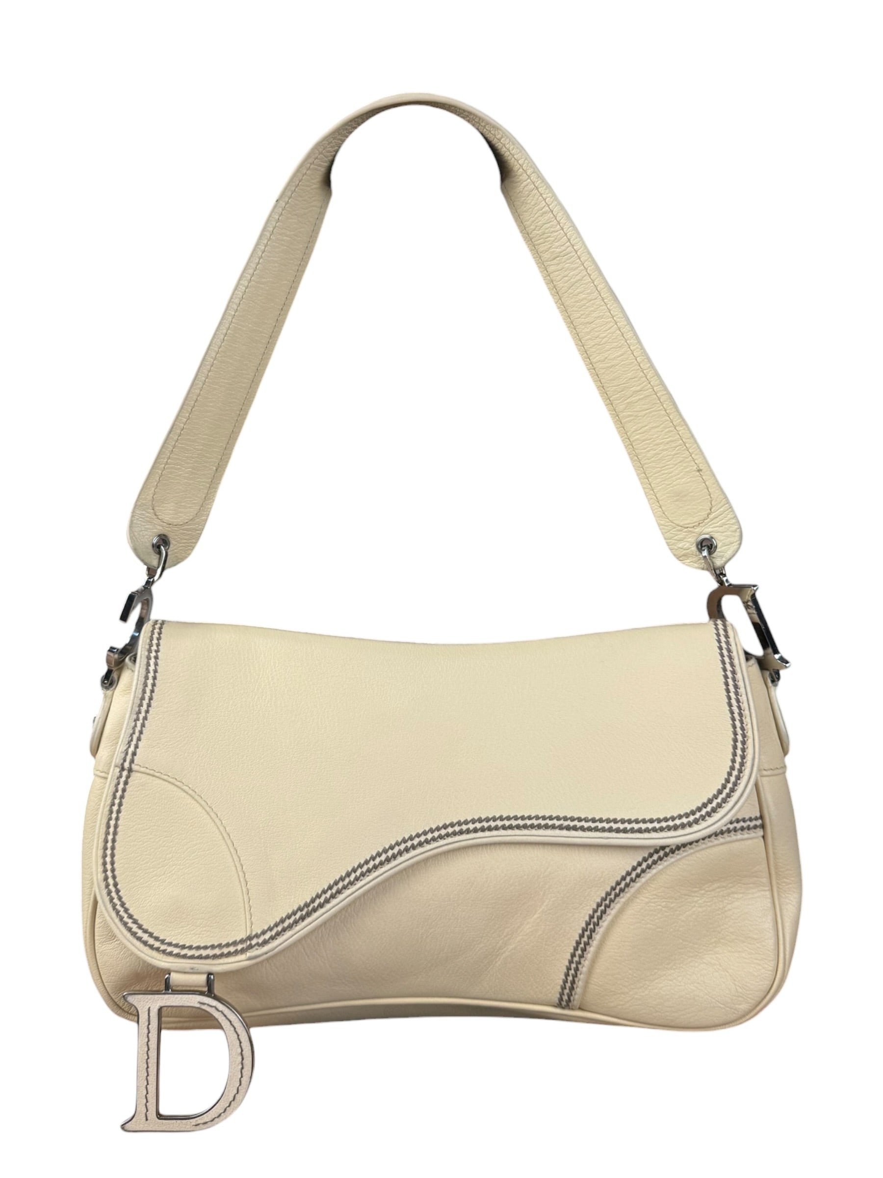 Christian Dior Vintage Beige Leather Stitch Saddlebag