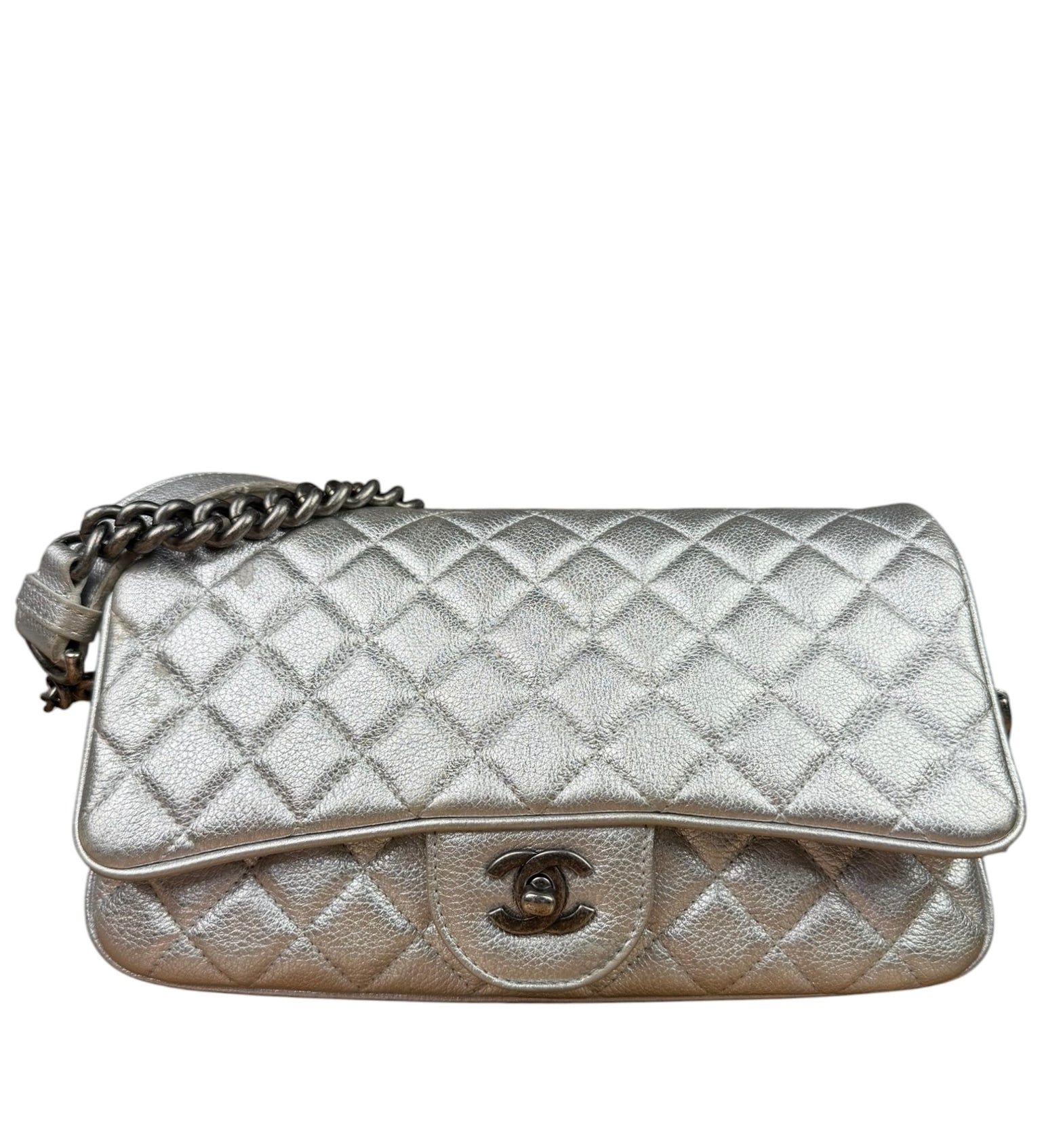 Chanel CC Silver Metallic Quilted Flap Shoulder Bag 2017