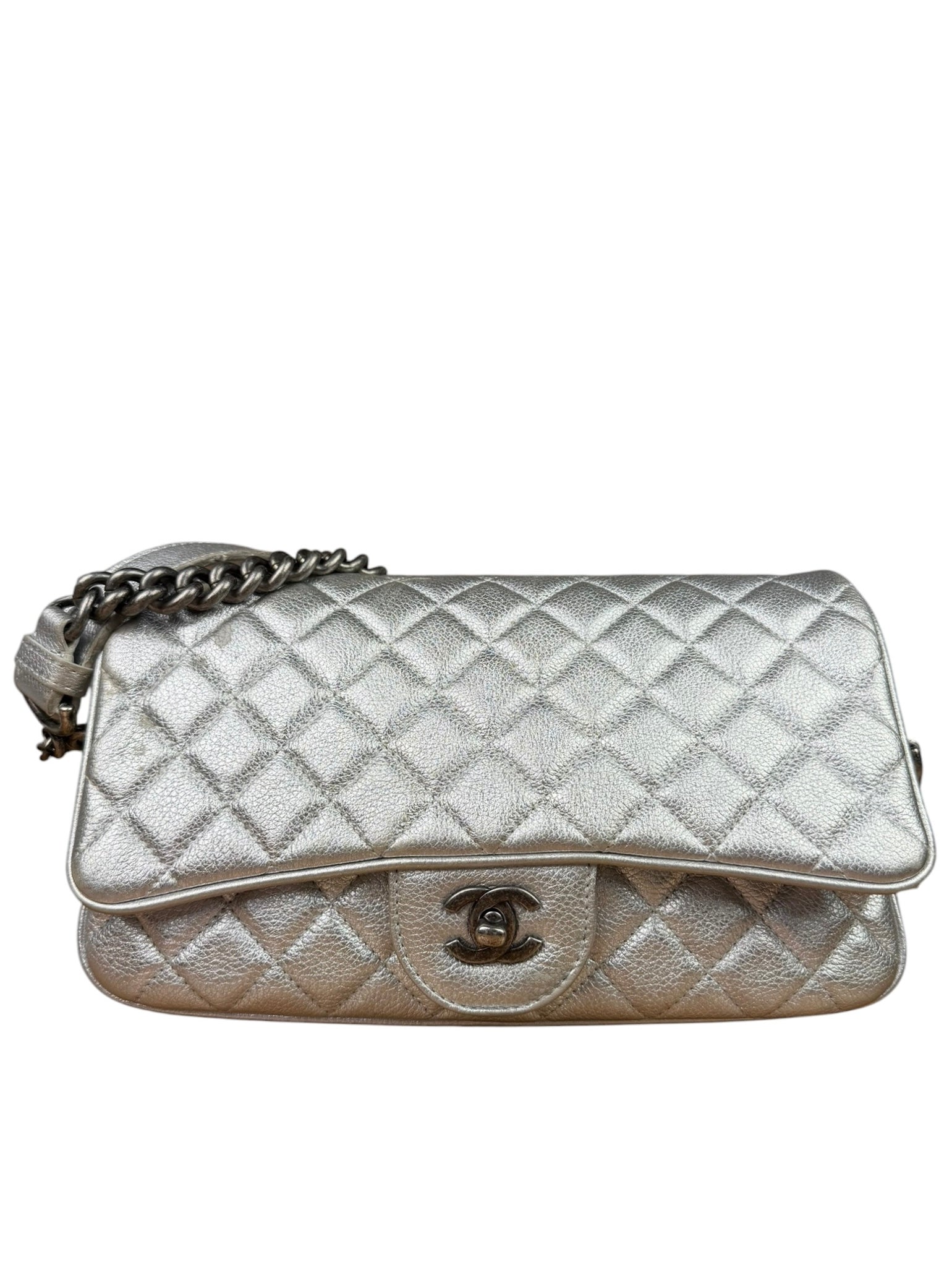 Chanel CC Silver Metallic Quilted Flap Shoulder Bag 2017