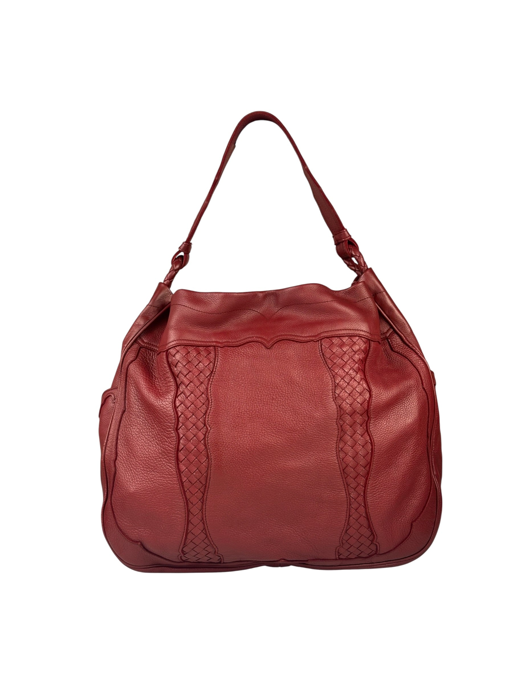 Bottega Veneta Red Leather Intrecciato Trim Hobo Bag