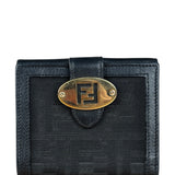 Fendi FF Black Canvas Leather Trim Compact Wallet