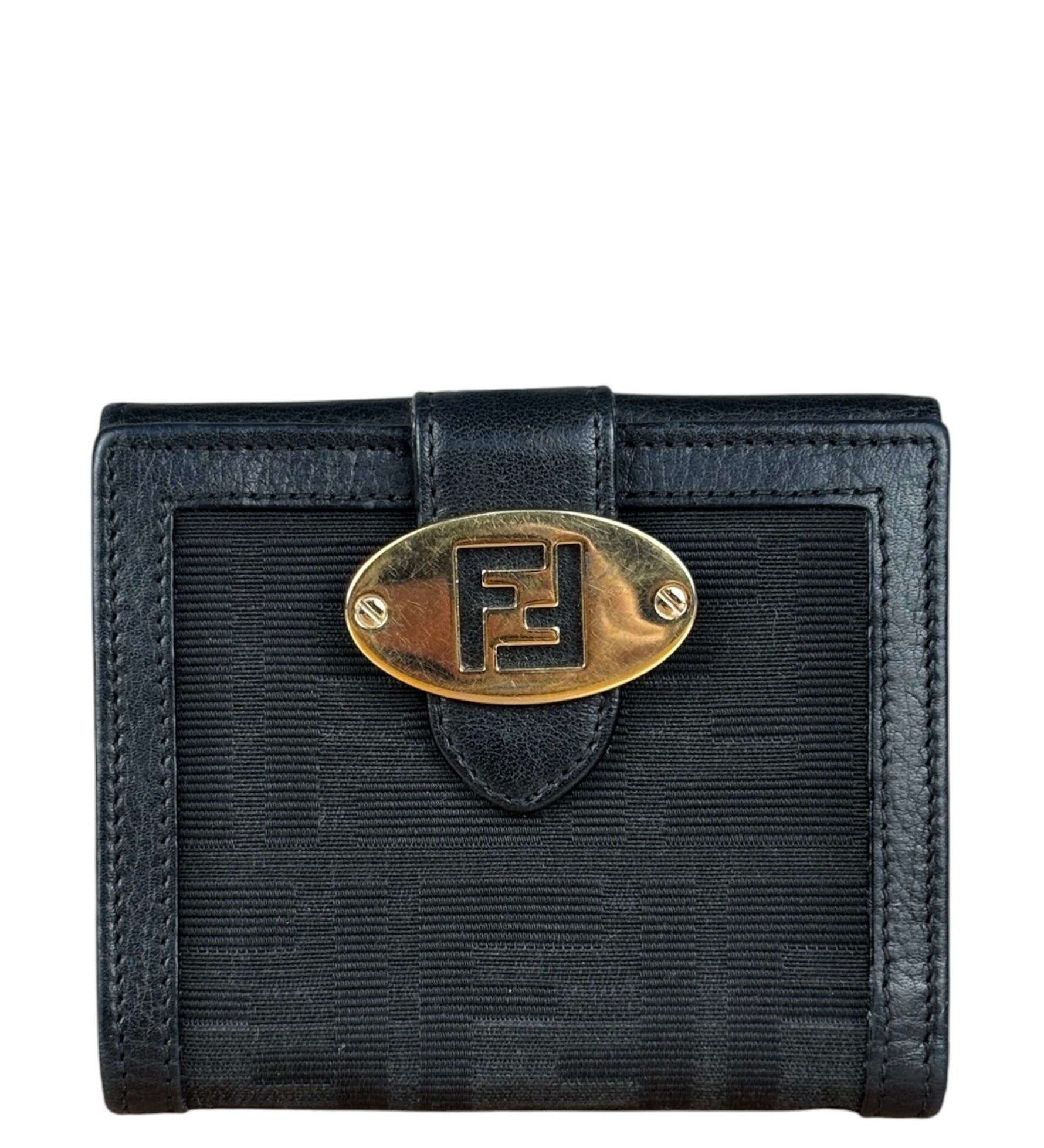 Fendi FF Black Canvas Leather Trim Compact Wallet