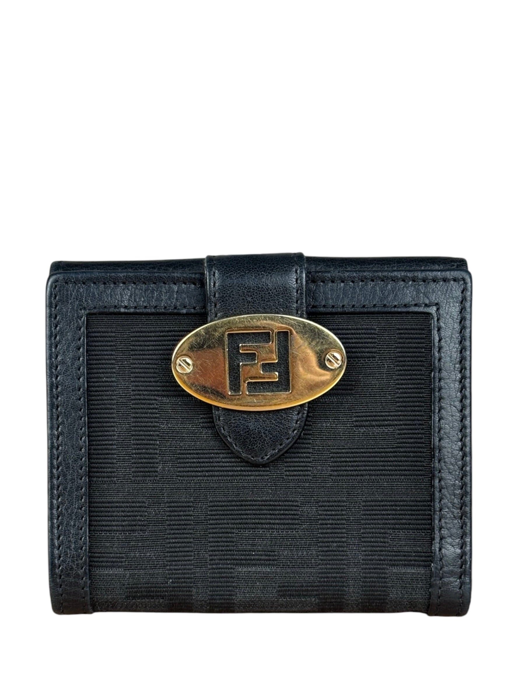 Fendi FF Black Canvas Leather Trim Compact Wallet