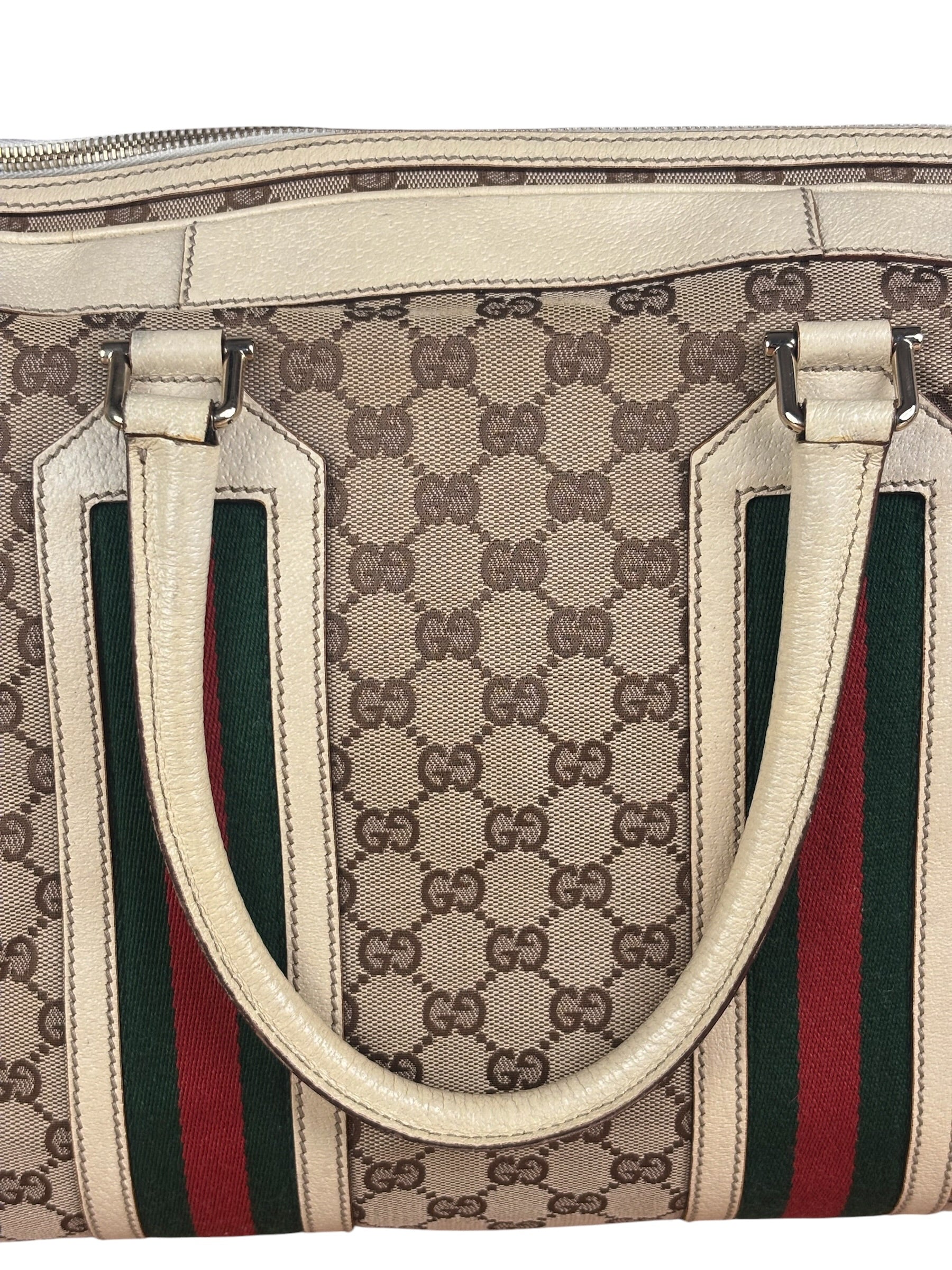 Gucci Leather Trim Monogram Canvas Web Stripe Tote Bag