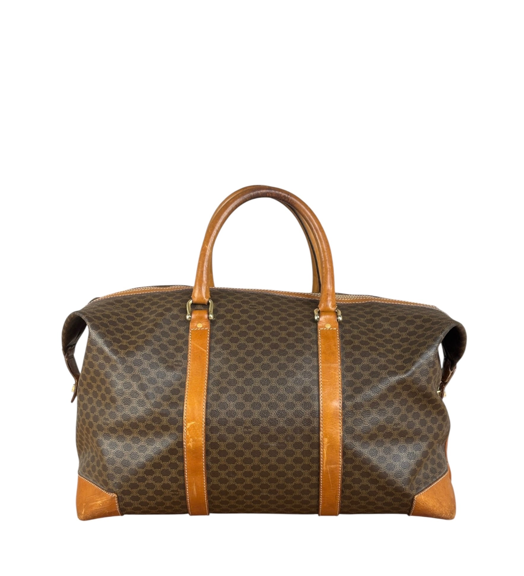 Celine Brown Leather Canvas Macadam Travel Handbag