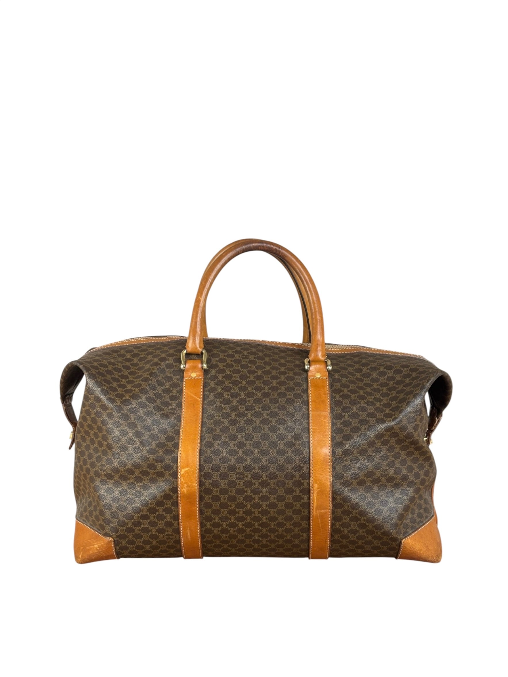 Celine Brown Leather Canvas Macadam Travel Handbag