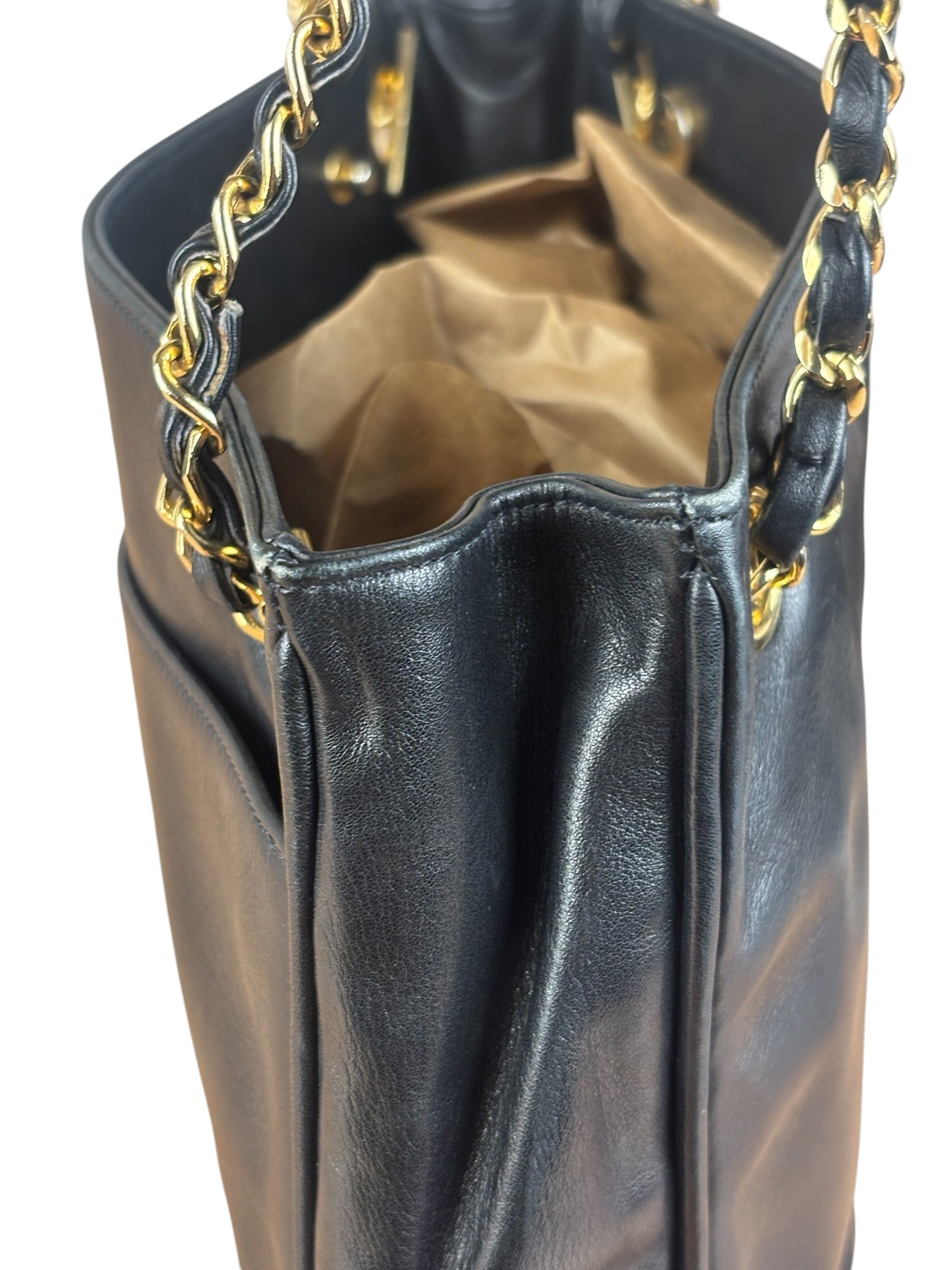 Chanel Vintage Black Leather Quilted Bottom Chain Tote Bag 1987