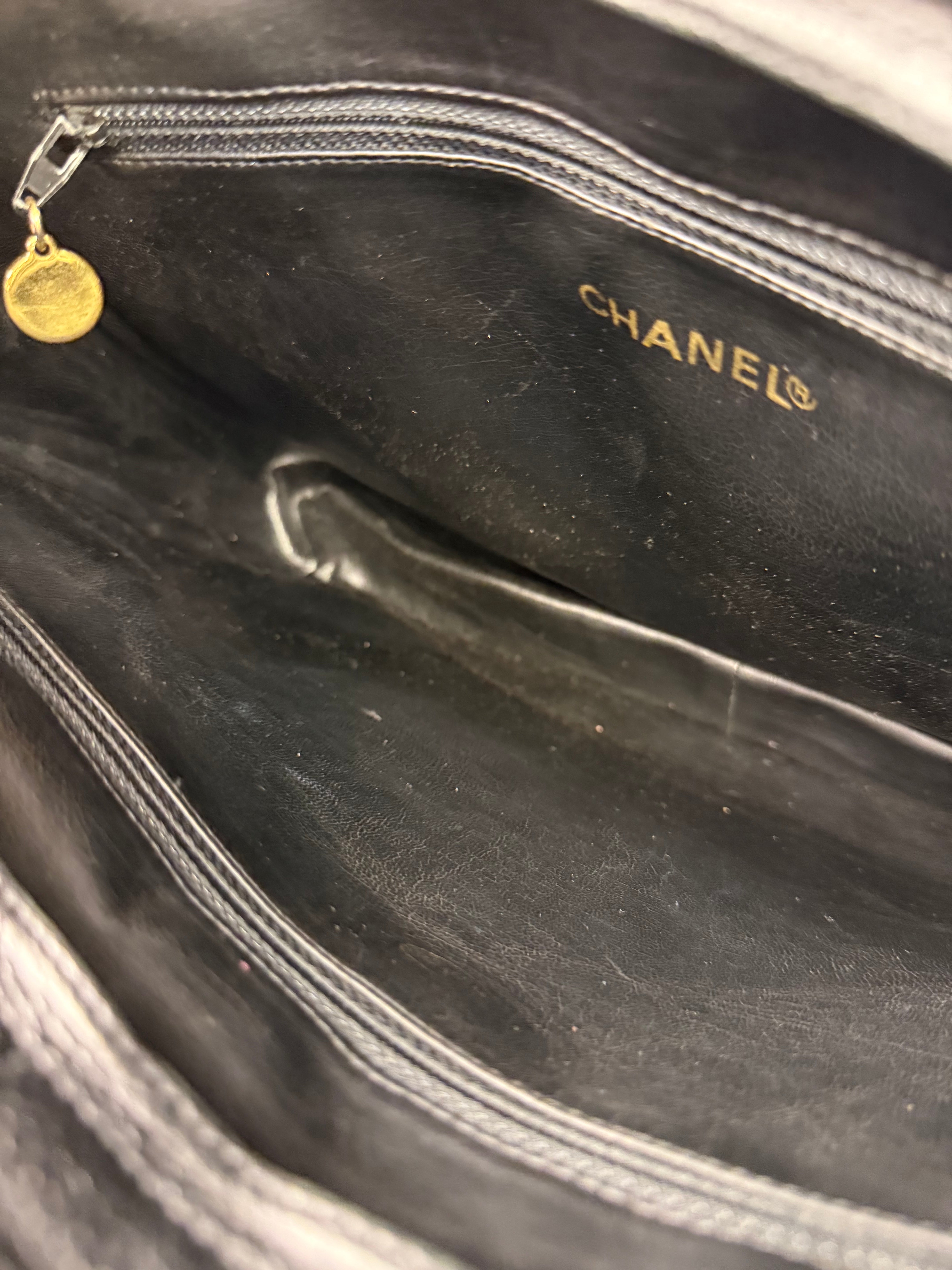 Chanel Vintage Black Caviar Leather Triple CC Chain Tote Bag