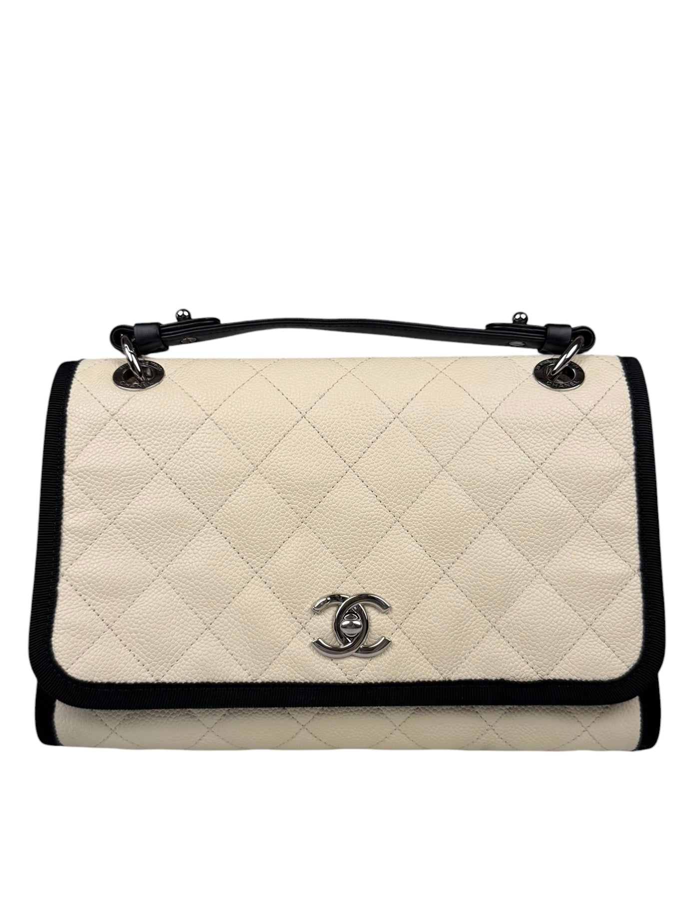 Chanel White Caviar Quilted Top Handle Flap Bag 2018
