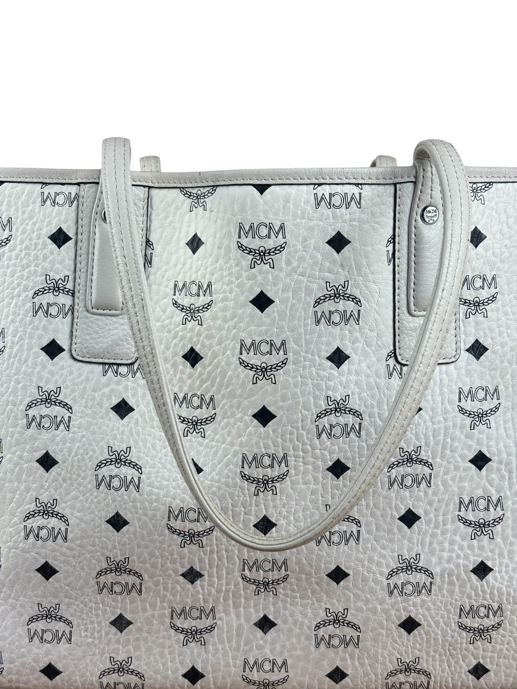 MCM White Leather Reversible Liz Shopper In Visetos Tote Bag