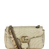 Gucci GG Beige Raffia Marmont Snakeskin Trim Flap Bag