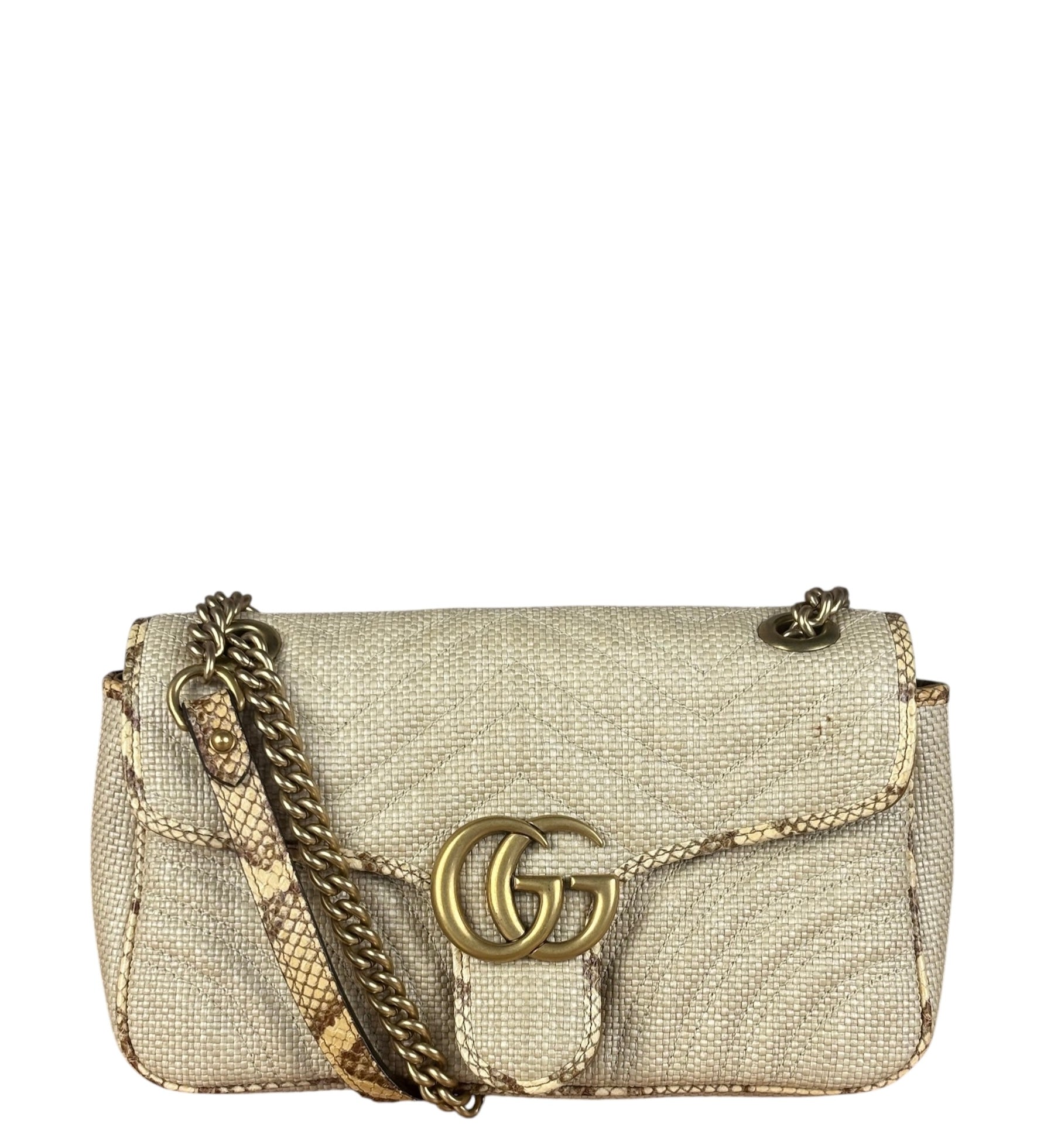 Gucci GG Beige Raffia Marmont Snakeskin Trim Flap Bag