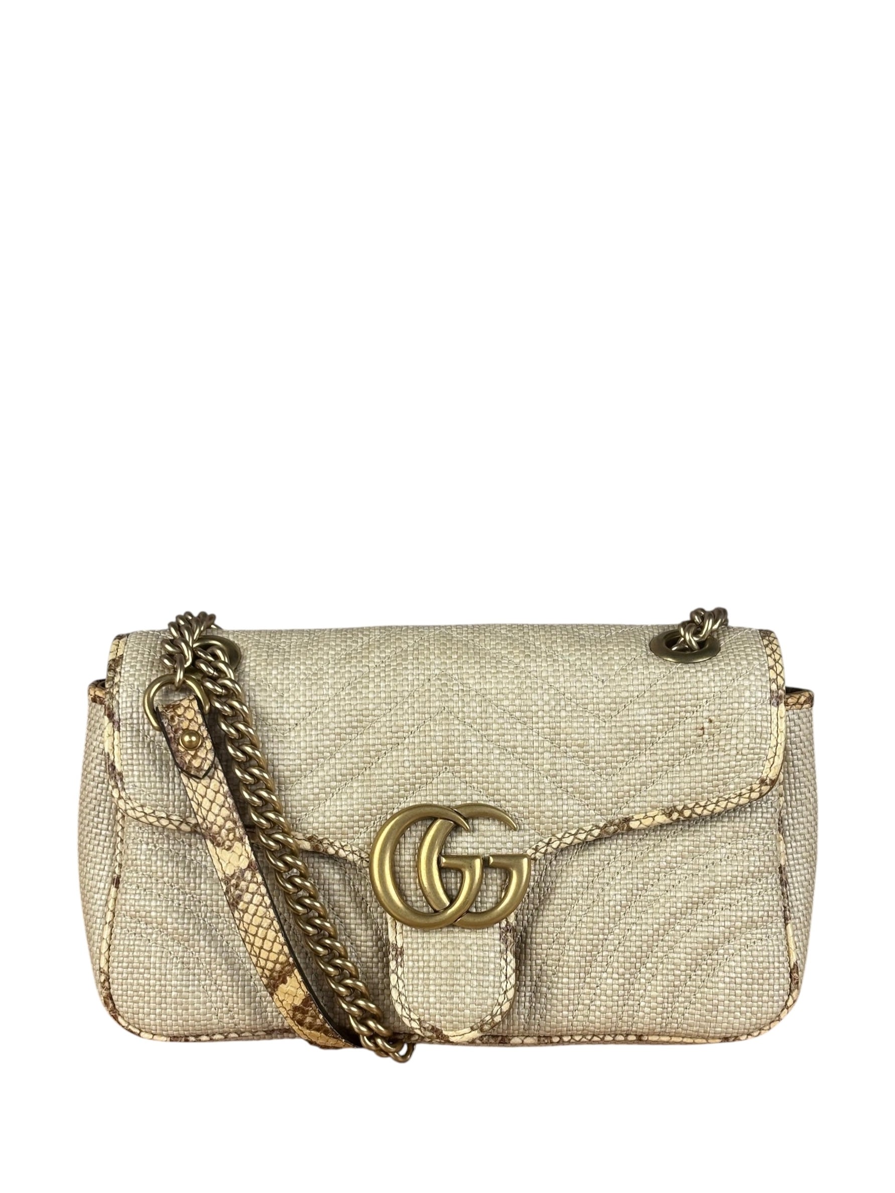 Gucci GG Beige Raffia Marmont Snakeskin Trim Flap Bag