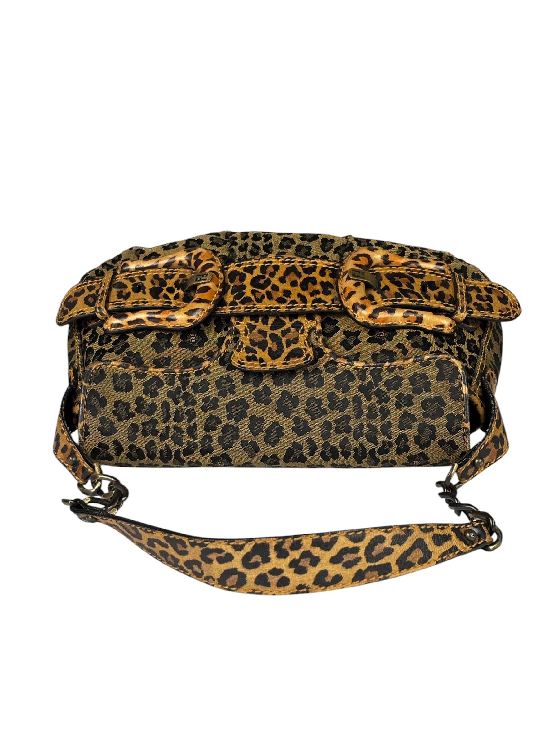 Fendi Brown Leather Trim Leopard Print Buckle Bag