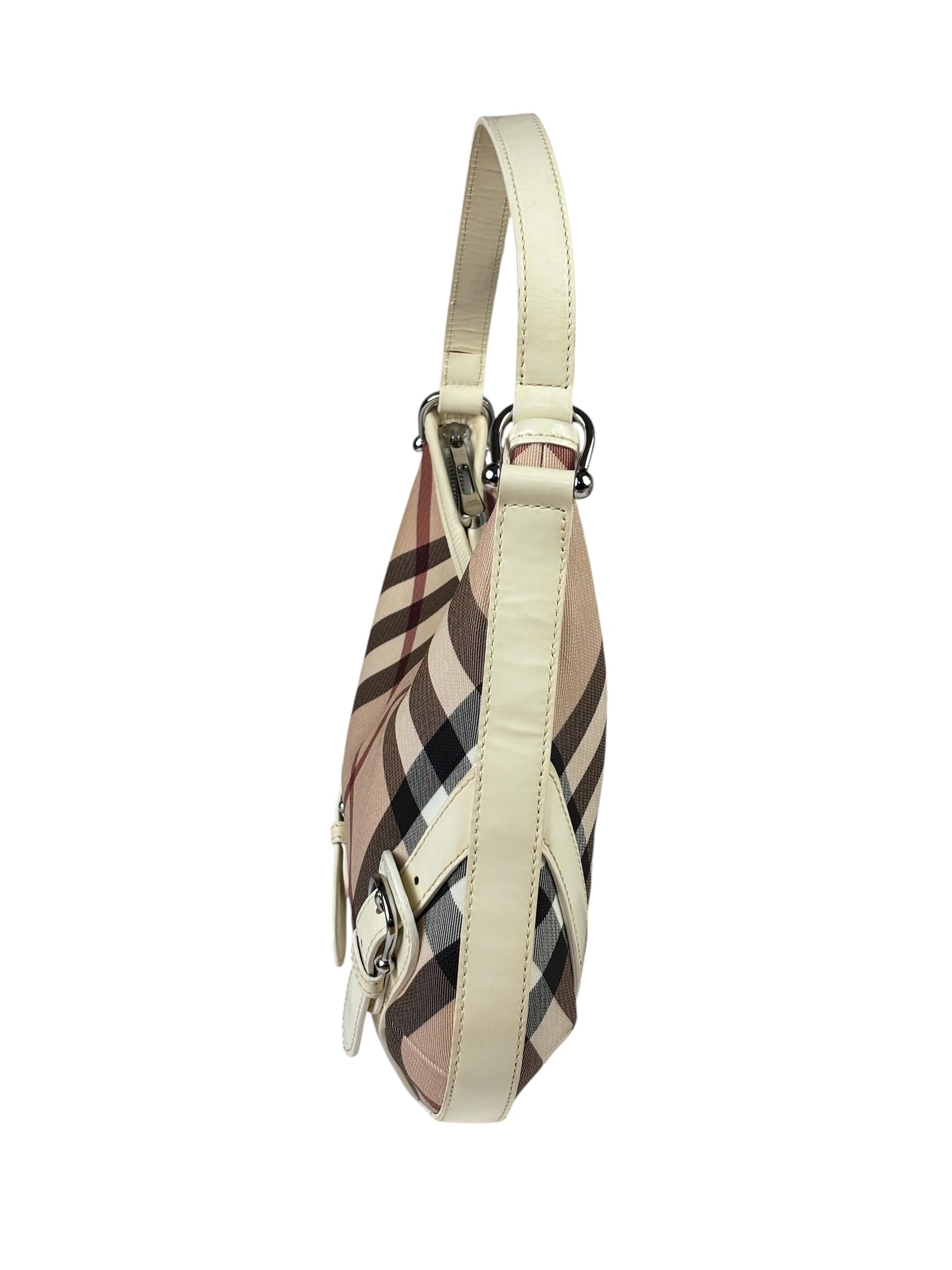Burberry Beige Leather Trim Nova Check Hobo Bag