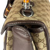 Gucci Brown Leather Trim GG Bamboo Handle Two-Way Bag