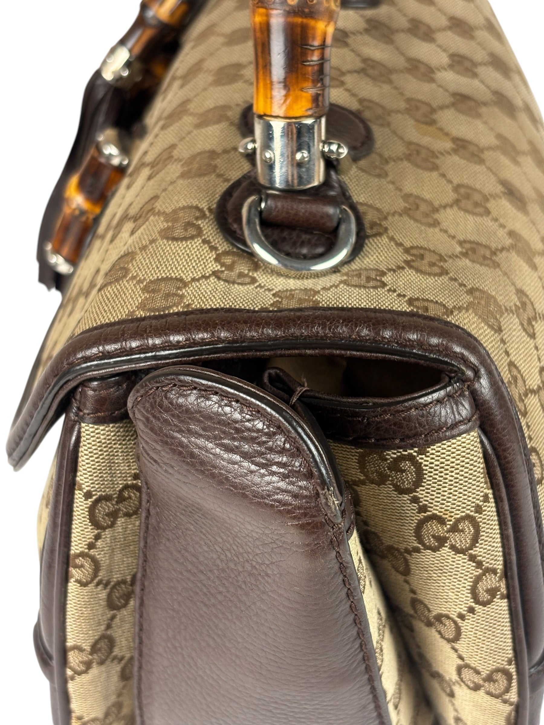 Gucci Brown Leather Trim GG Bamboo Handle Two-Way Bag