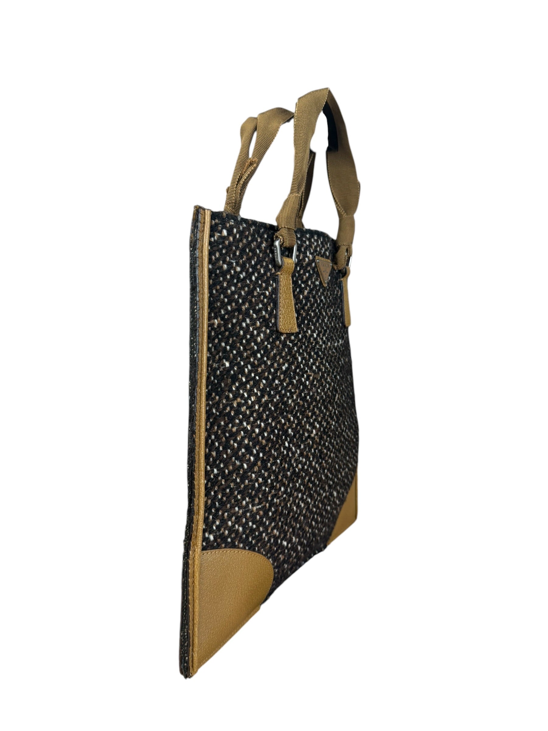 Prada Vintage Brown/Black Woven Tweed Trim Tote Handbag