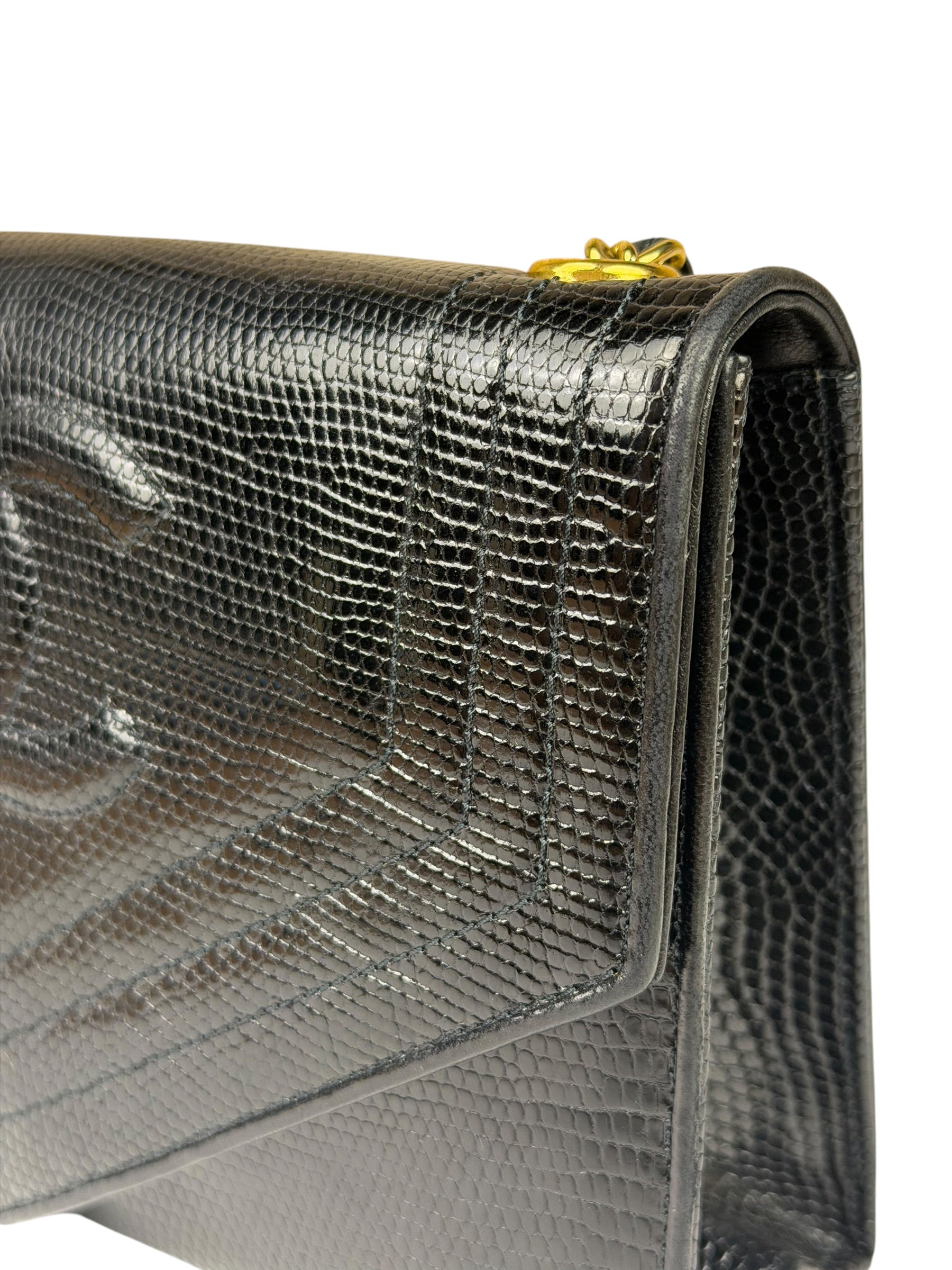 Chanel Black Lizard Leather Envelope Flap Bag 1986