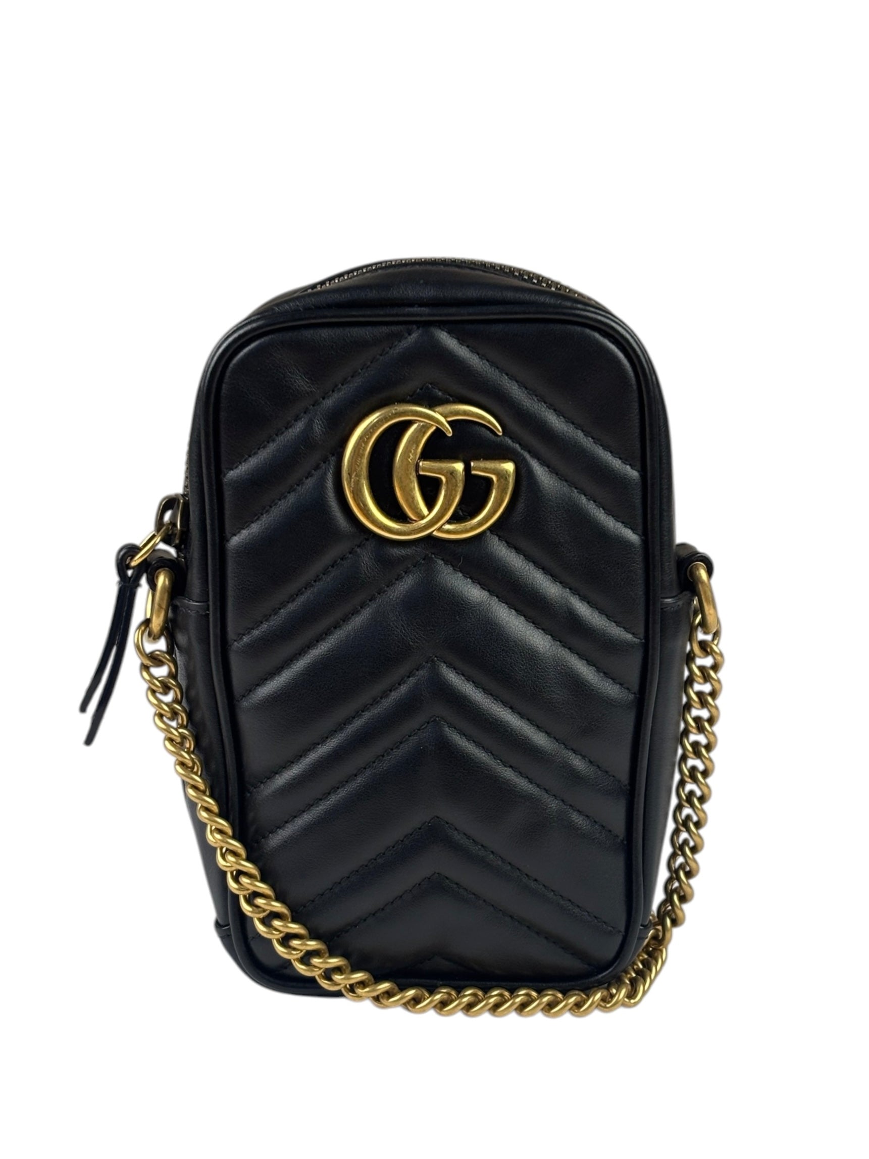 Gucci Black Leather Vertical Marmont Phone Crossbody Bag