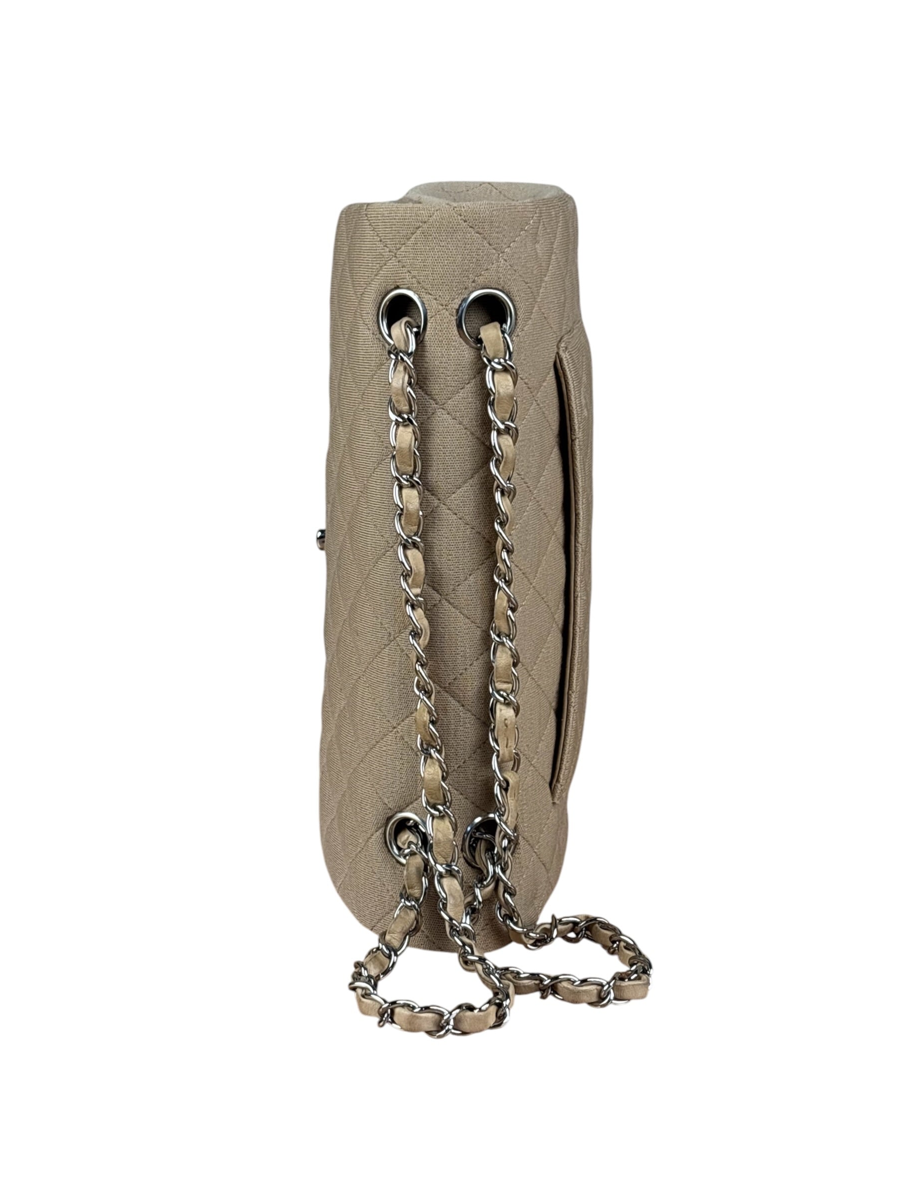 Chanel Beige Jersey Leather Trim Classic Double Flap Bag 2005