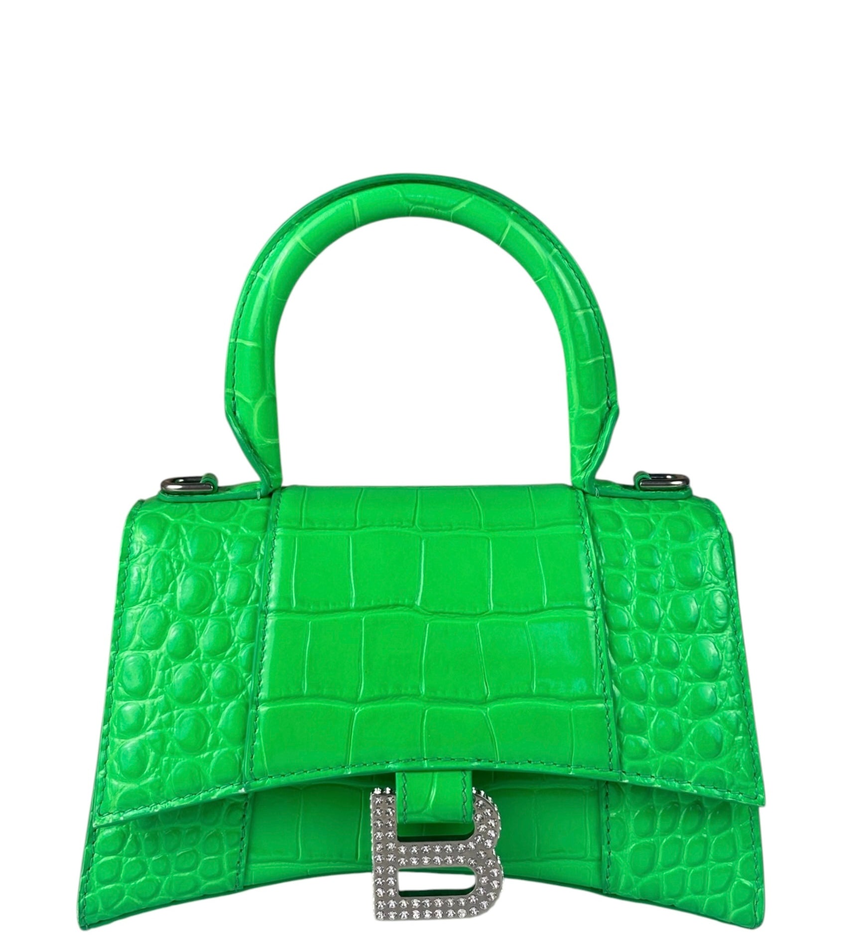 Balenciaga Fluo Green Crocodile Embossed Hourglass XS Two-Way Bag