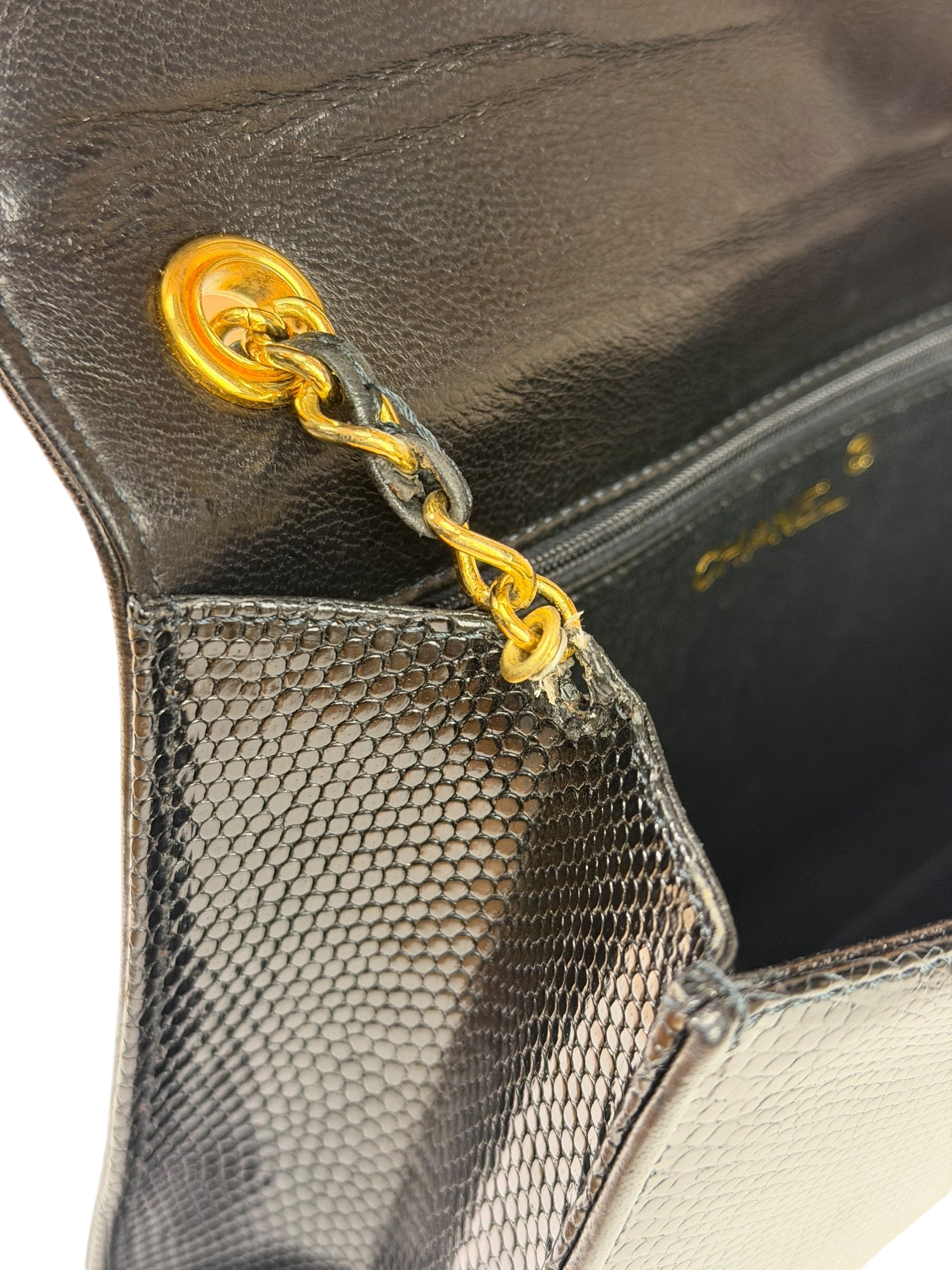 Chanel Black Lizard Leather Envelope Flap Bag 1986