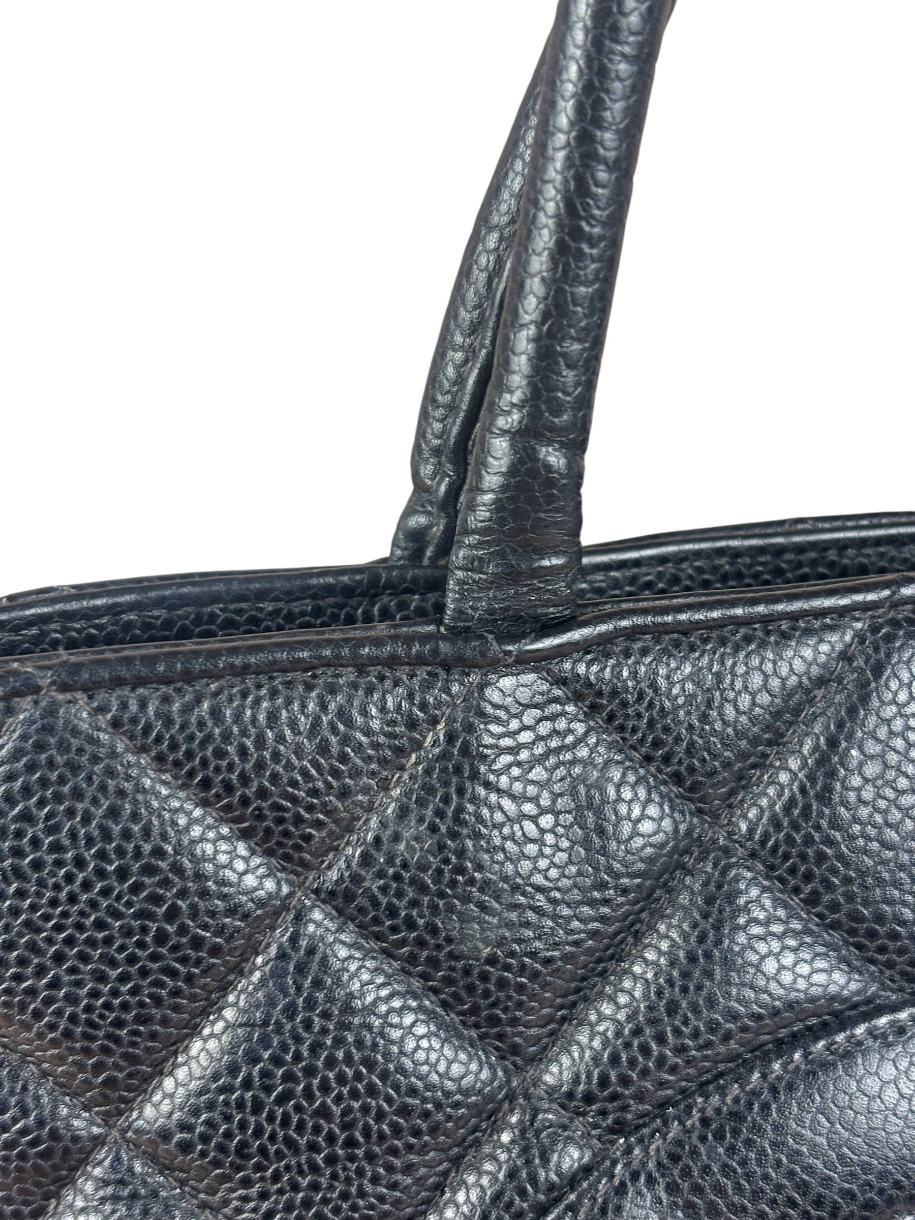 Chanel Vintage CC Black Quilted Caviar Leather Medallion Tote Bag 2002